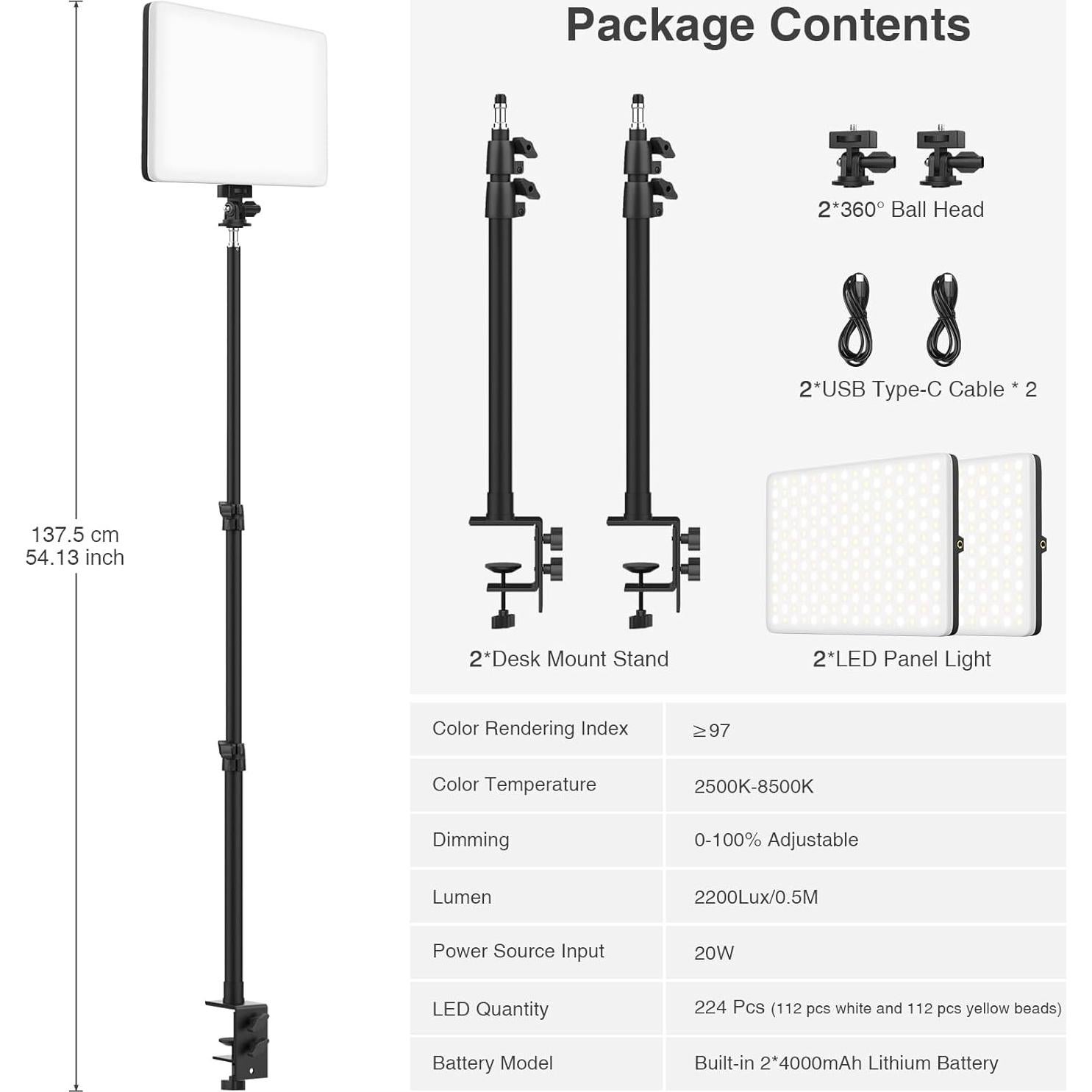 Paquete de 2 luces LED Unicucp con batería 8000mAh y soporte