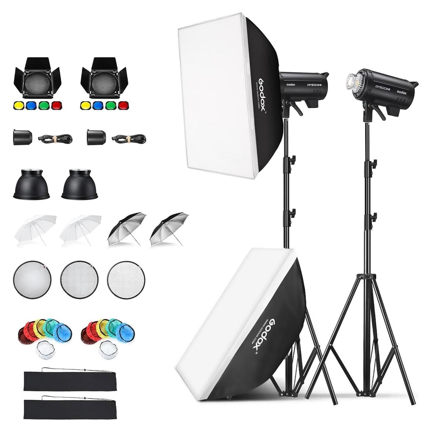 Godox 2 Pack DP600III-V DP600IIIV 1200Ws Photo Speedlite Studio Flash Strobe Monolight Bowens Mount Kit for Studio Shooting with Softbox,Light Stand,Barn Door Kit,Reflector