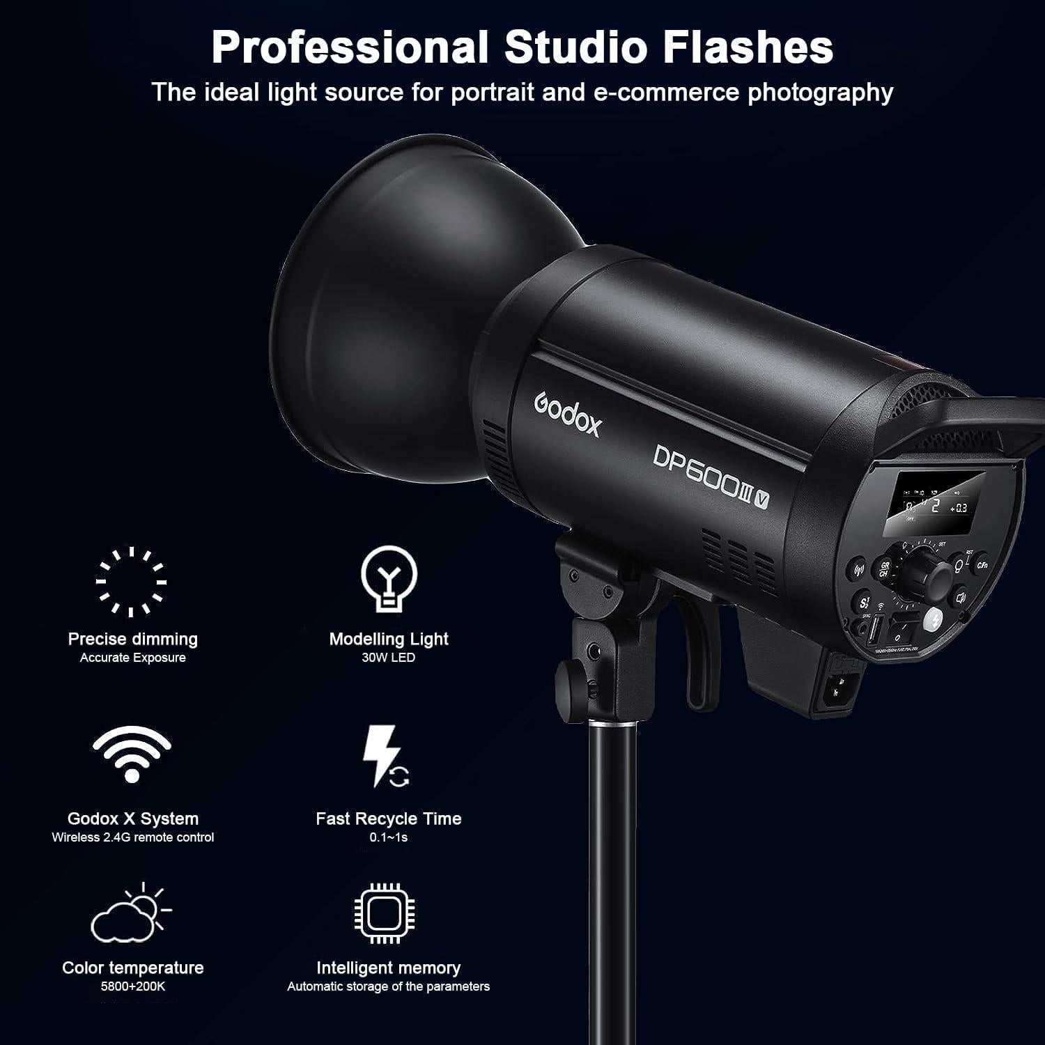 Godox 2 Pack DP600III-V DP600IIIV 1200Ws Photo Speedlite Studio Flash Strobe Monolight Bowens Mount Kit for Studio Shooting with Softbox,Light Stand,Barn Door Kit,Reflector