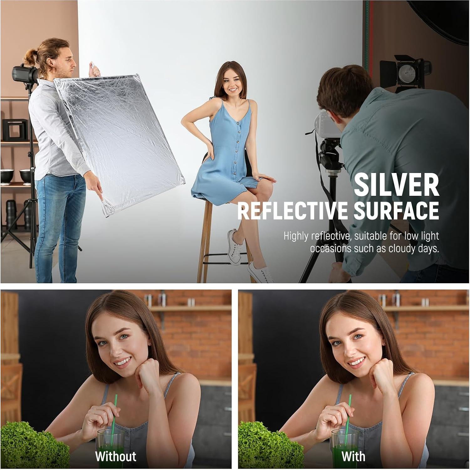 NEEWER Light Diffusion Panel Scrim Kit with Silver/White Reflector Film 35"x35" Foldable Frame with 5/8" Baby Pins Handle for C Stand 3 in 1 Diffuser for Studio Portrait Product Photography, SF9090F