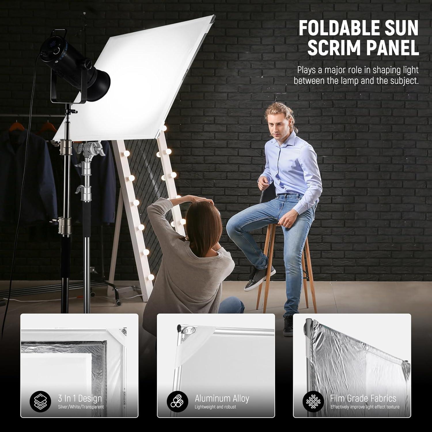 NEEWER Light Diffusion Panel Scrim Kit with Silver/White Reflector Film 35"x35" Foldable Frame with 5/8" Baby Pins Handle for C Stand 3 in 1 Diffuser for Studio Portrait Product Photography, SF9090F