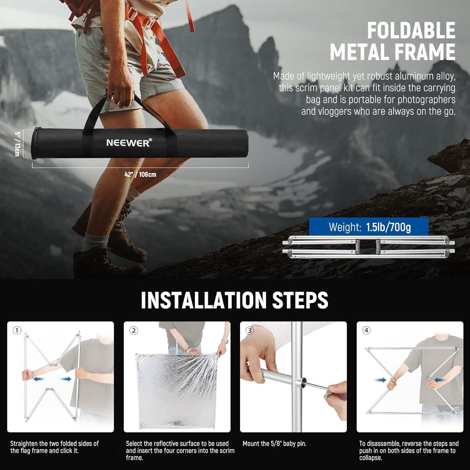 NEEWER Light Diffusion Panel Scrim Kit with Silver/White Reflector Film 35"x35" Foldable Frame with 5/8" Baby Pins Handle for C Stand 3 in 1 Diffuser for Studio Portrait Product Photography, SF9090F