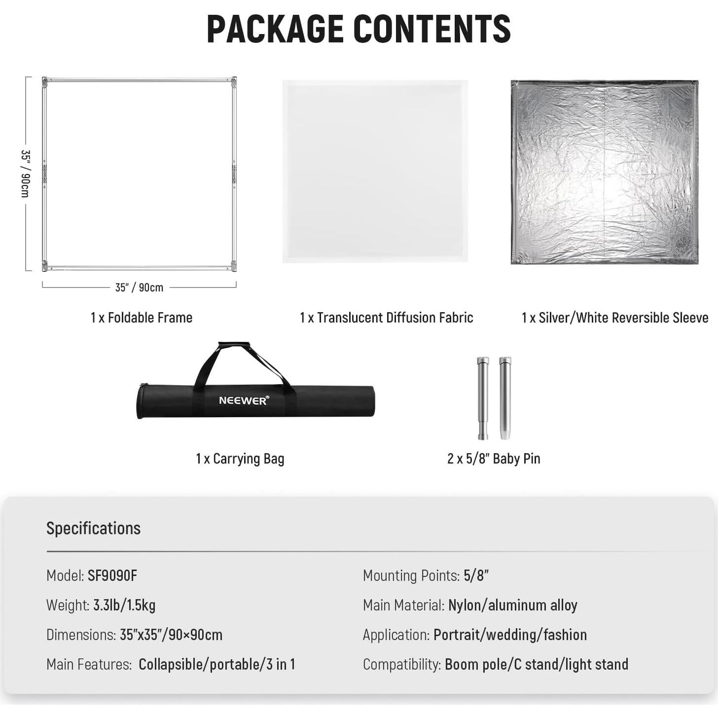 NEEWER Light Diffusion Panel Scrim Kit with Silver/White Reflector Film 35"x35" Foldable Frame with 5/8" Baby Pins Handle for C Stand 3 in 1 Diffuser for Studio Portrait Product Photography, SF9090F