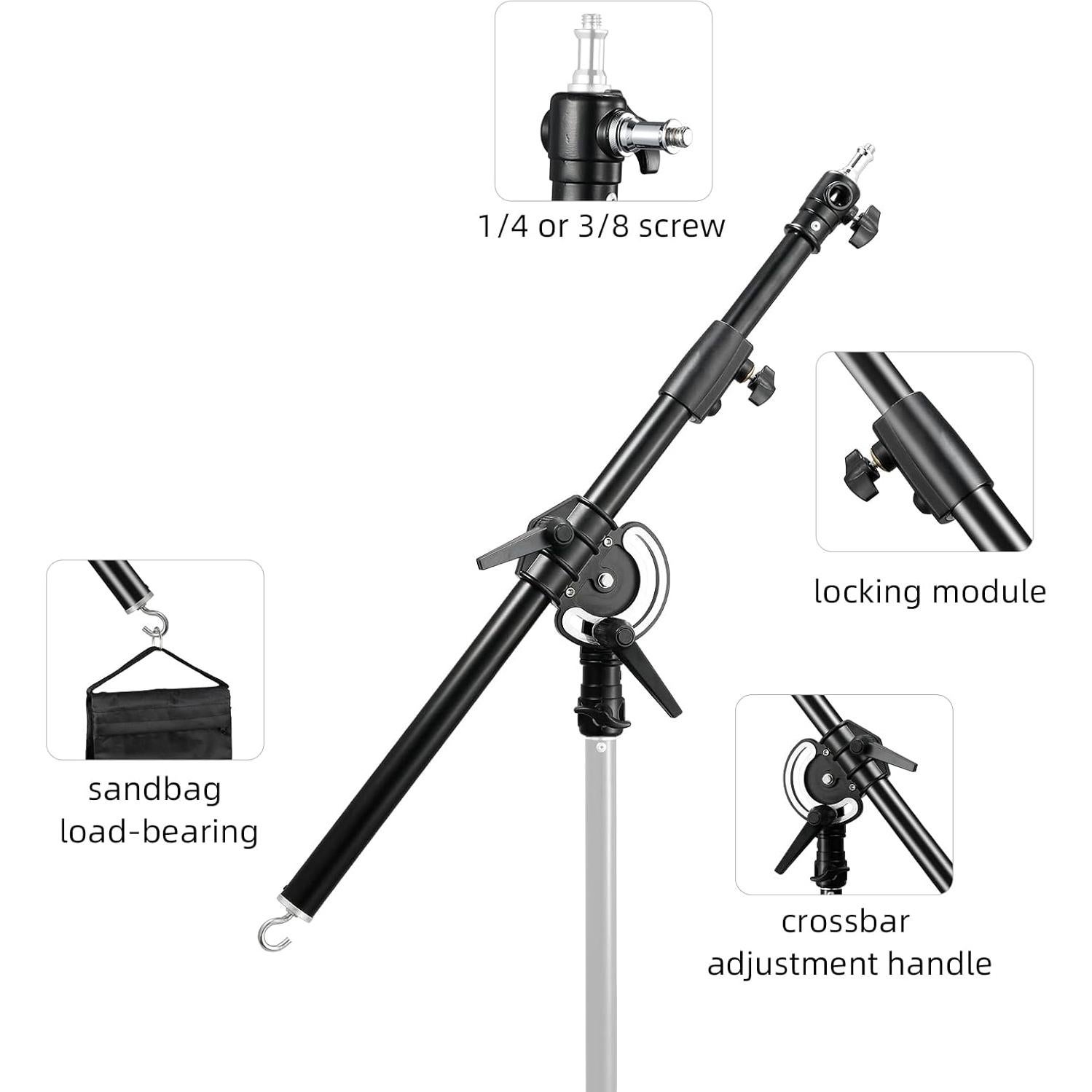 Soonpho Photography Extension Boom Arm for Light Stand/C-Stand,2.3ft to 4.9ft Ajustable Crossbar Holding Arm with 1/4" to 3/8" Screw