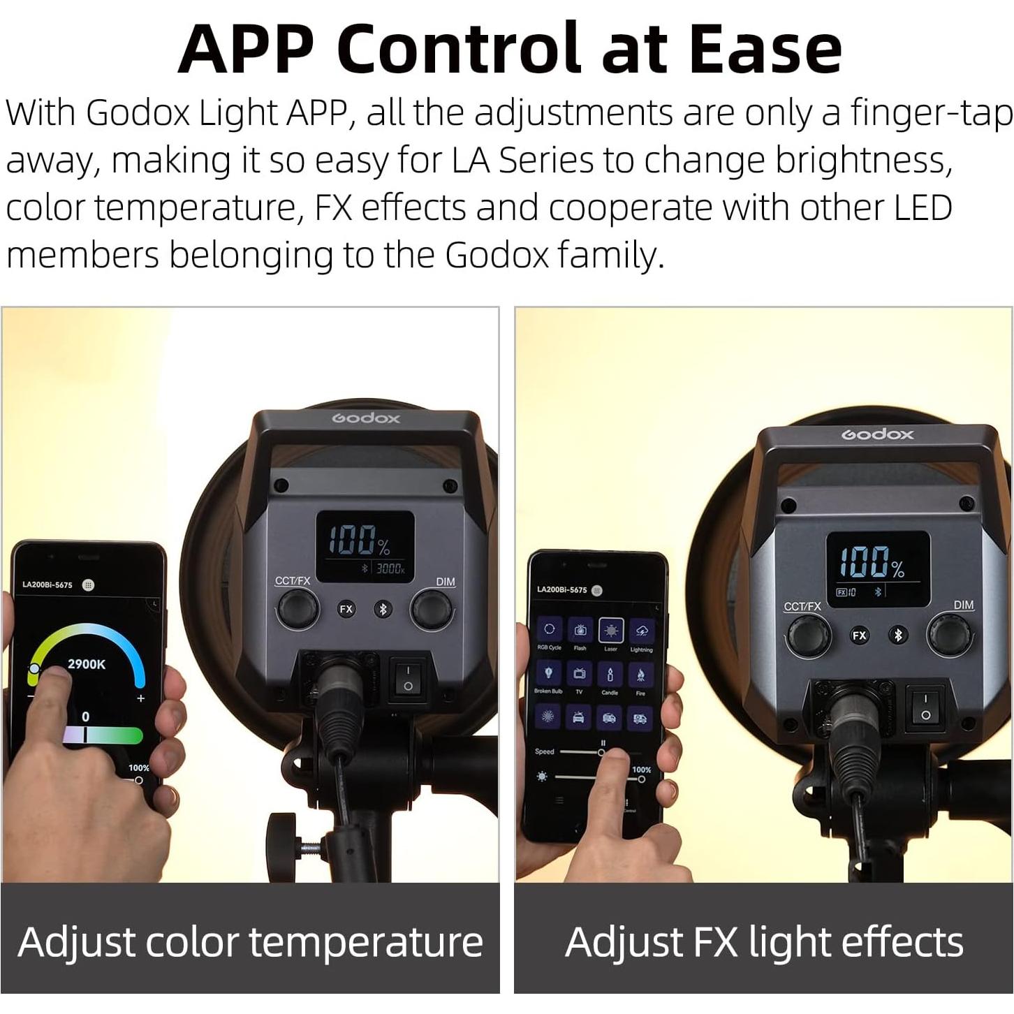 GODOX LA200Bi Bi-Color LED Video Light 230W 2800K-6500K 0%-100% Brightness Adjustment CRI96 TLCI97 Bluetooth APP Control Bowens Mount Suitable for Interview, Live Broadcast, Portrait, Video Shooting