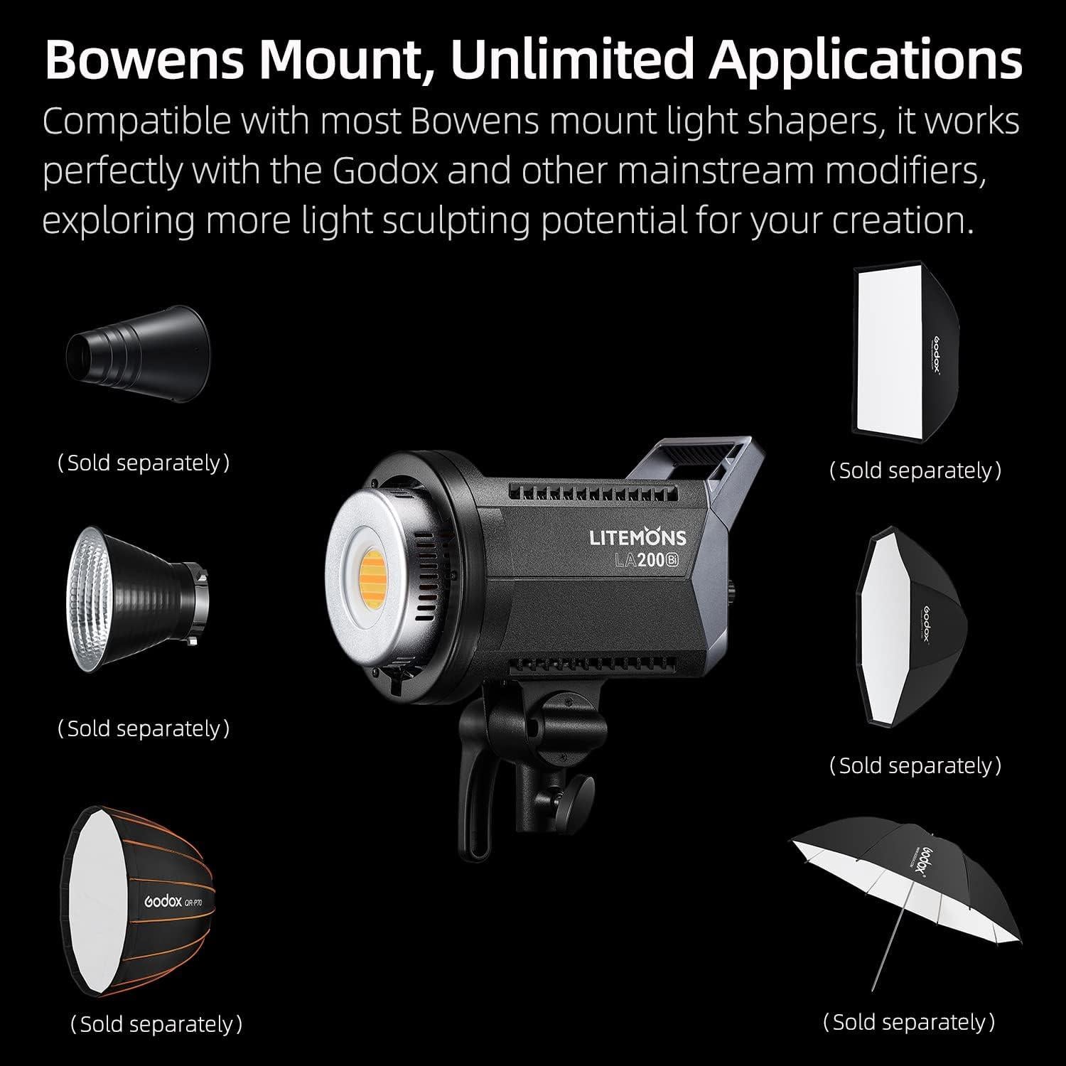 GODOX LA200Bi Bi-Color LED Video Light 230W 2800K-6500K 0%-100% Brightness Adjustment CRI96 TLCI97 Bluetooth APP Control Bowens Mount Suitable for Interview, Live Broadcast, Portrait, Video Shooting