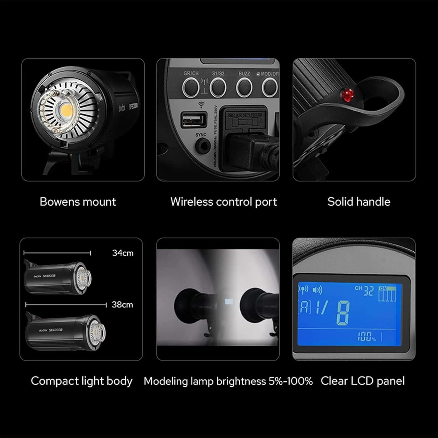 Godox SK400II-V 400Ws GN65 Photo Studio Strobe Flash Light Bowens Mount & 10W LED Modeling Lamp for Studio, Shooting, Location and Portrait Photography (SK400II Upgraded Version)