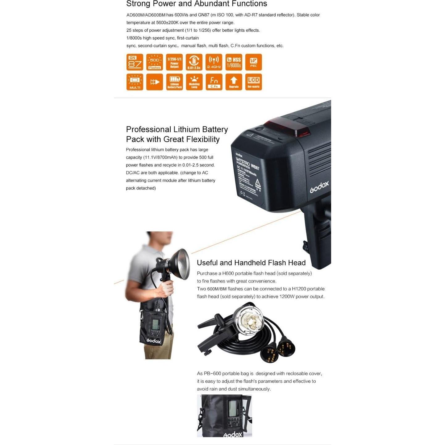 Godox AD600BM Bowens Mount 600Ws GN87 High Speed Sync Outdoor Studio Flash Strobe Monolight Light with Godox P90L Softbox, 2.4G Wireless X System & 8700mAh Battery with 15x17cm Softbox & Filter