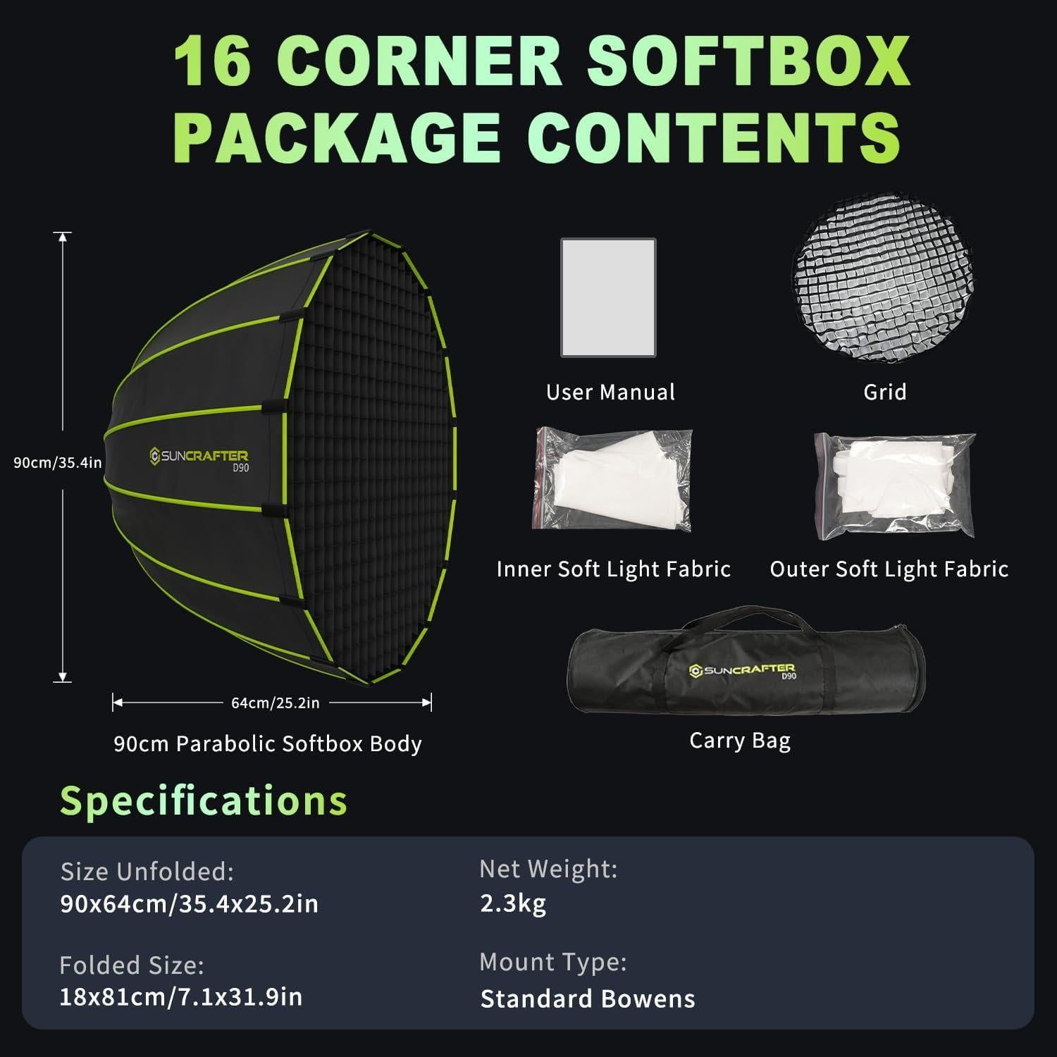 Softbox 90cm SUNCRAFTER con Montaje Bowens y Difusores