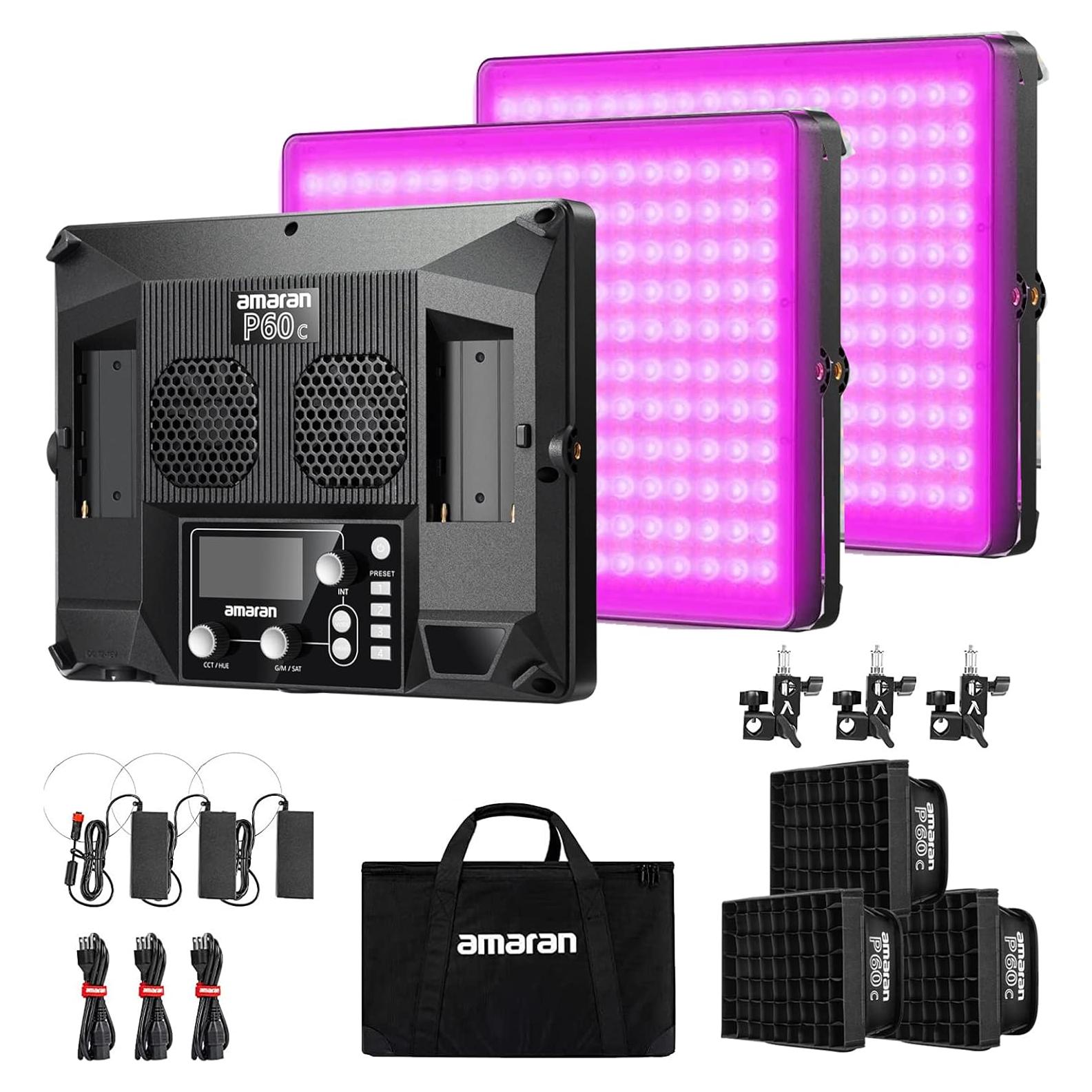 Kit de 3 Luces LED Aputure Amaran P60C RGBWW 60W con Softbox