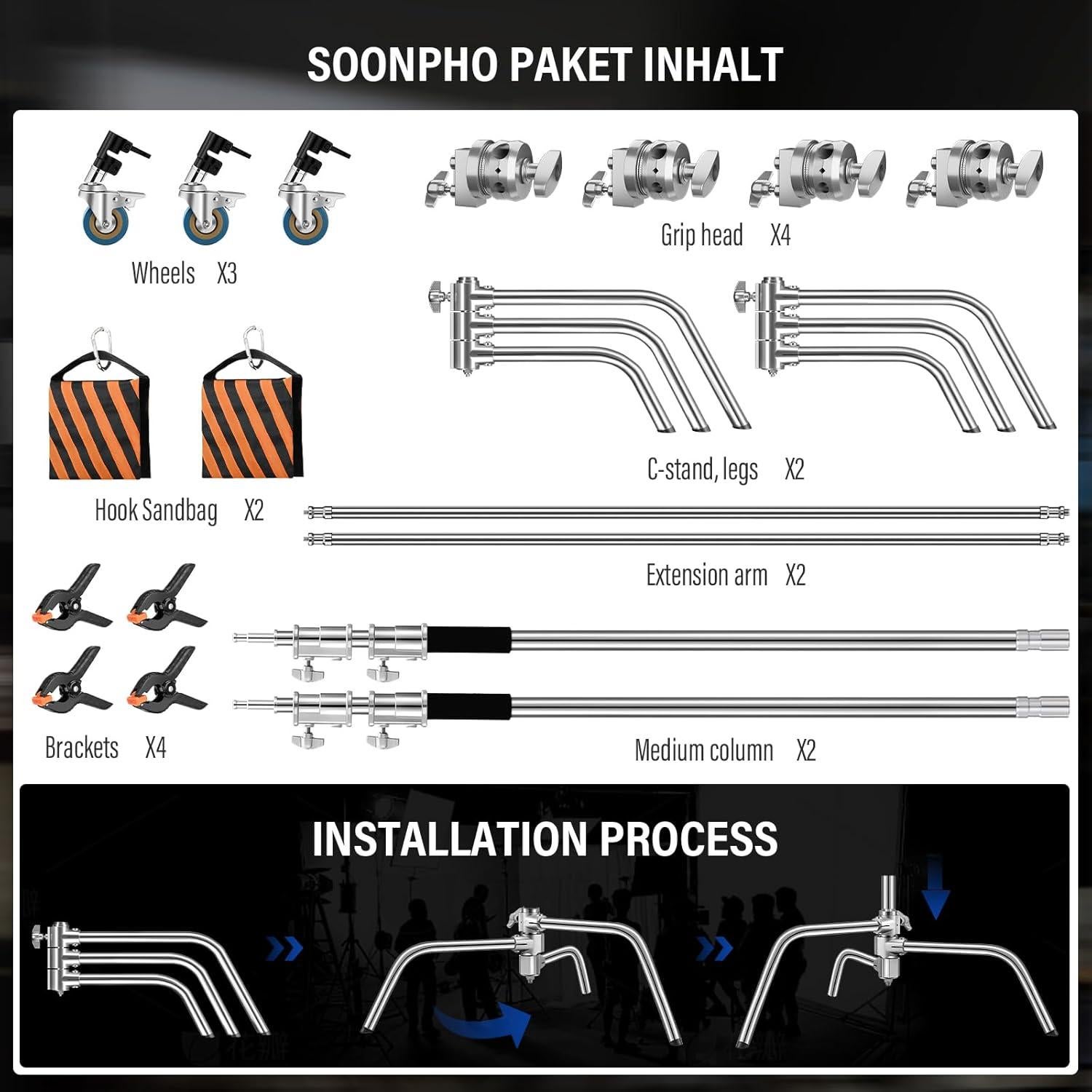 Soporte de Luz de Fotografía Soonpho 210cm Acero Inoxidable - Paquete de 2