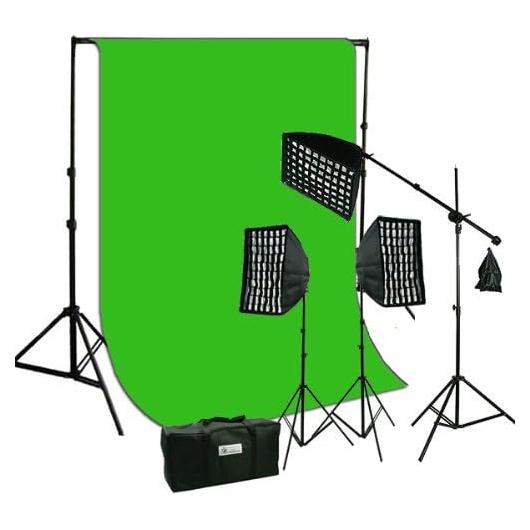 ePhotoInc 10 x 20 Chromakey Green Screen Video Photography Studio Honeycomb 3200K Warm Light Grid 3 SoftBox Hairlight Boom Stand Kit HGD2-1020G 3200K
