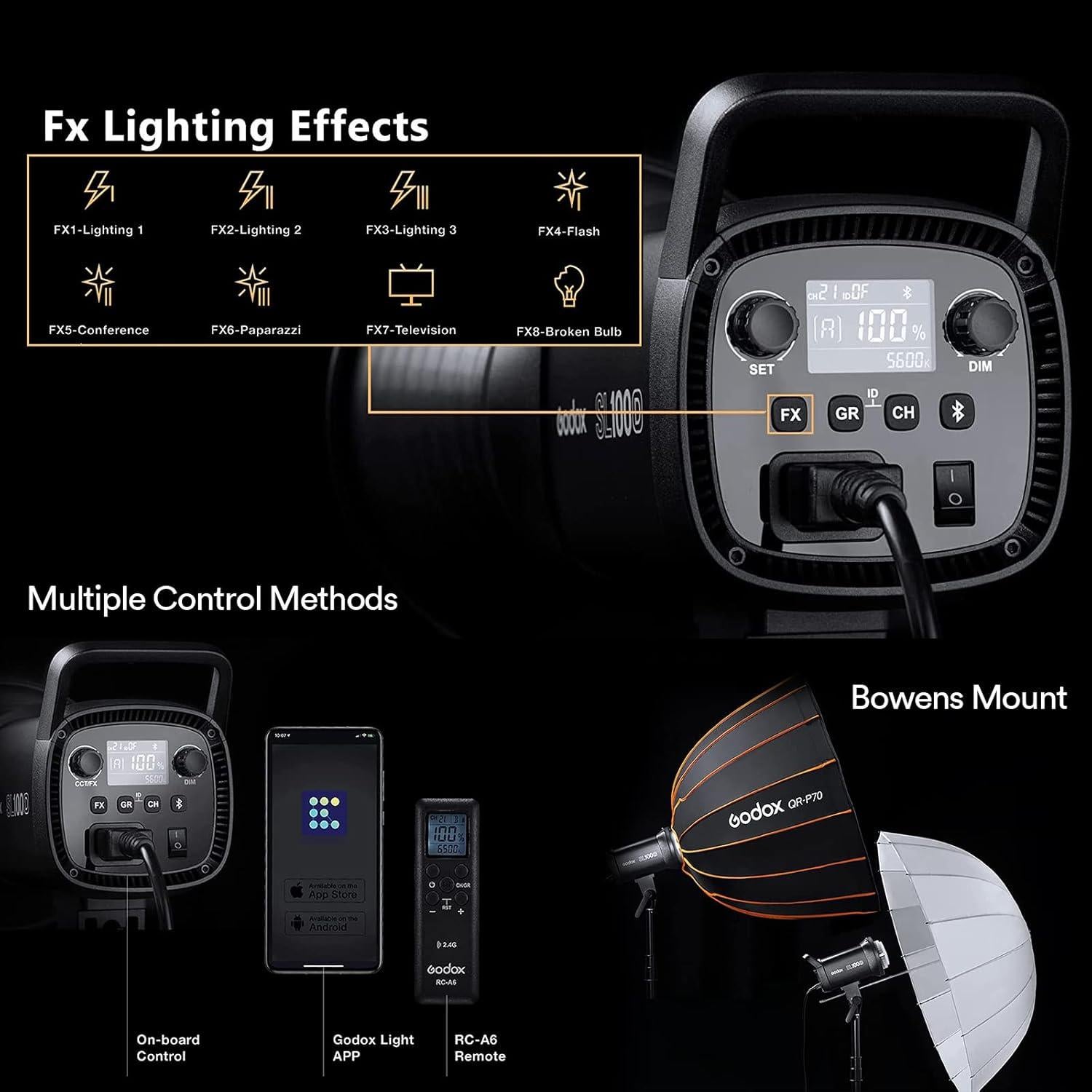Godox SL100D Daylight LED Video Light, 100W 5600K 32100Lux @1M CRI 96+TLCI 97+ Bowens Mount COB LED Continuous Light, 8 FX Effects 0-100% Brightness Studio Light with APP Control
