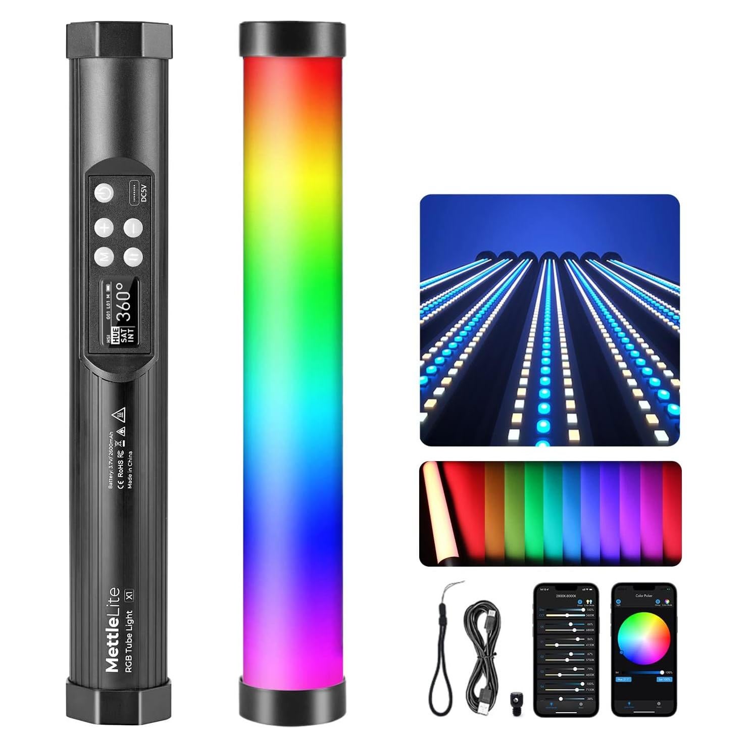Mettlelite TLX1 RGB Tube Light LED Full Color Portable Video Light with APP Control 2800K-8000K CRI96 TLCI97 360° RGB CCT HSI Mode 10 Customizable Light Effects Rechargeable Battery Magnet Design