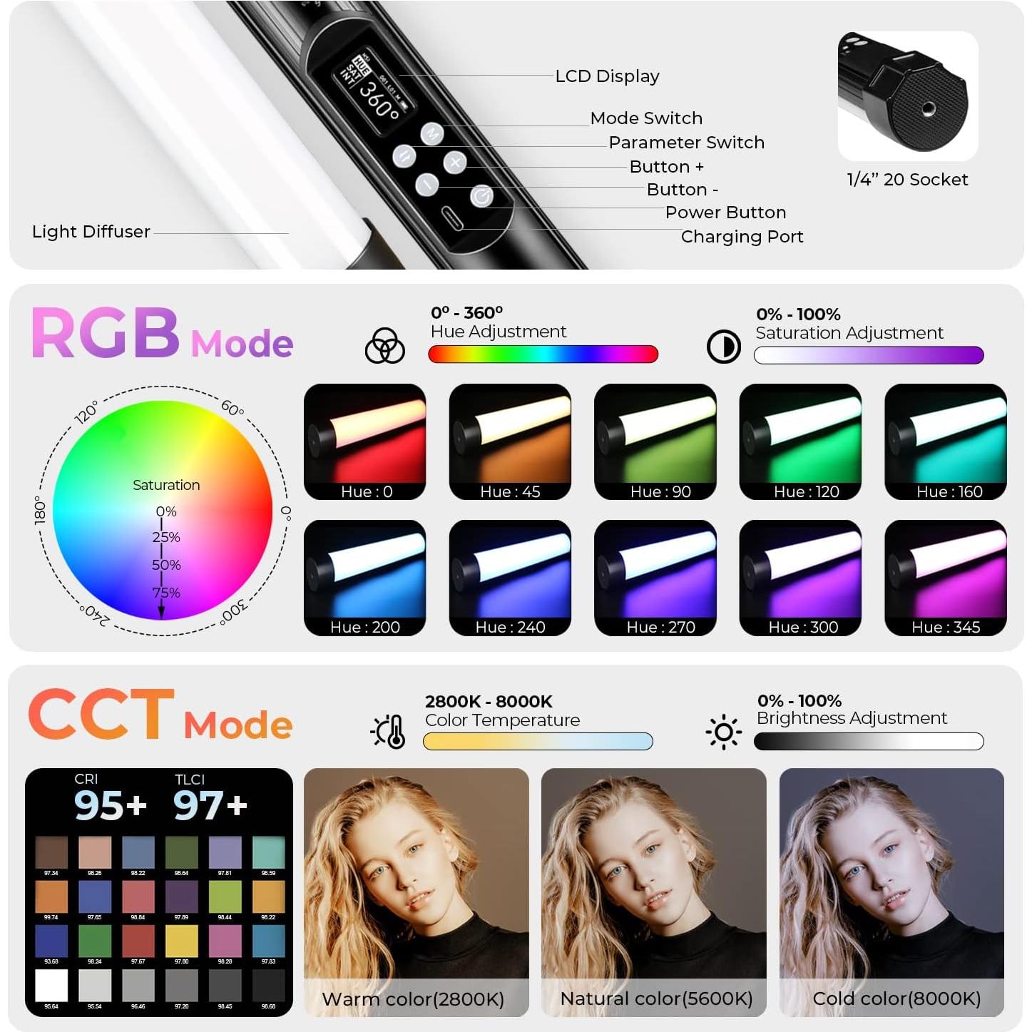 Mettlelite TLX1 RGB Tube Light LED Full Color Portable Video Light with APP Control 2800K-8000K CRI96 TLCI97 360° RGB CCT HSI Mode 10 Customizable Light Effects Rechargeable Battery Magnet Design