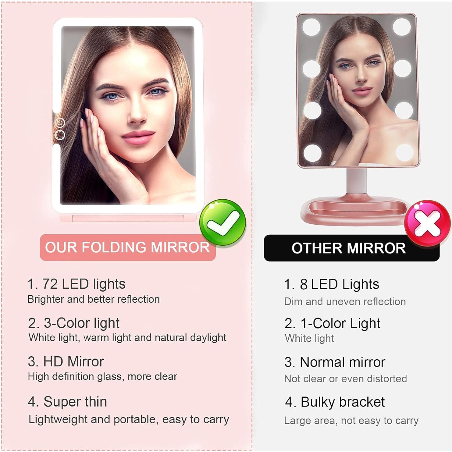 Espejo de Viaje Plegable deweisn con Luz LED Rosa 25.5x19cm