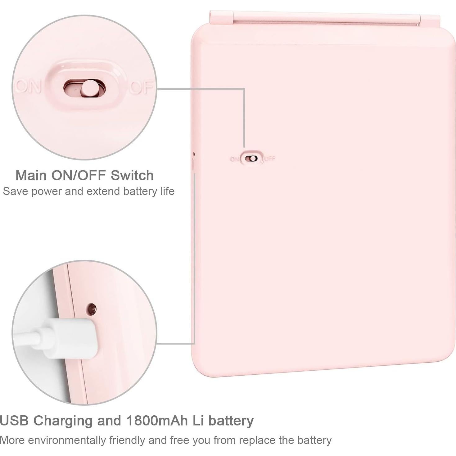 Espejo de Viaje Plegable deweisn con Luz LED Rosa 25.5x19cm