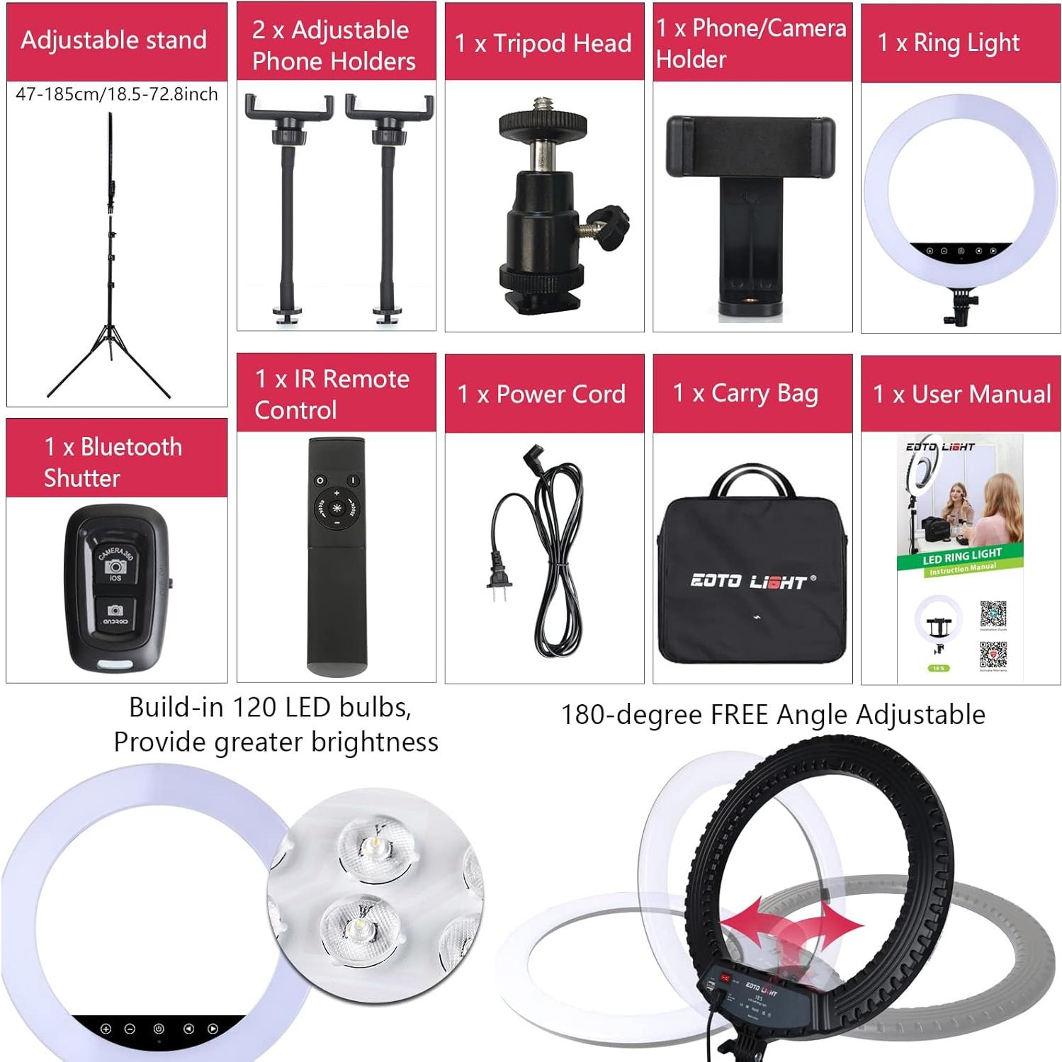 Anillo de Luz LED 18" EOTO LIGHT con Soporte y Control Remoto