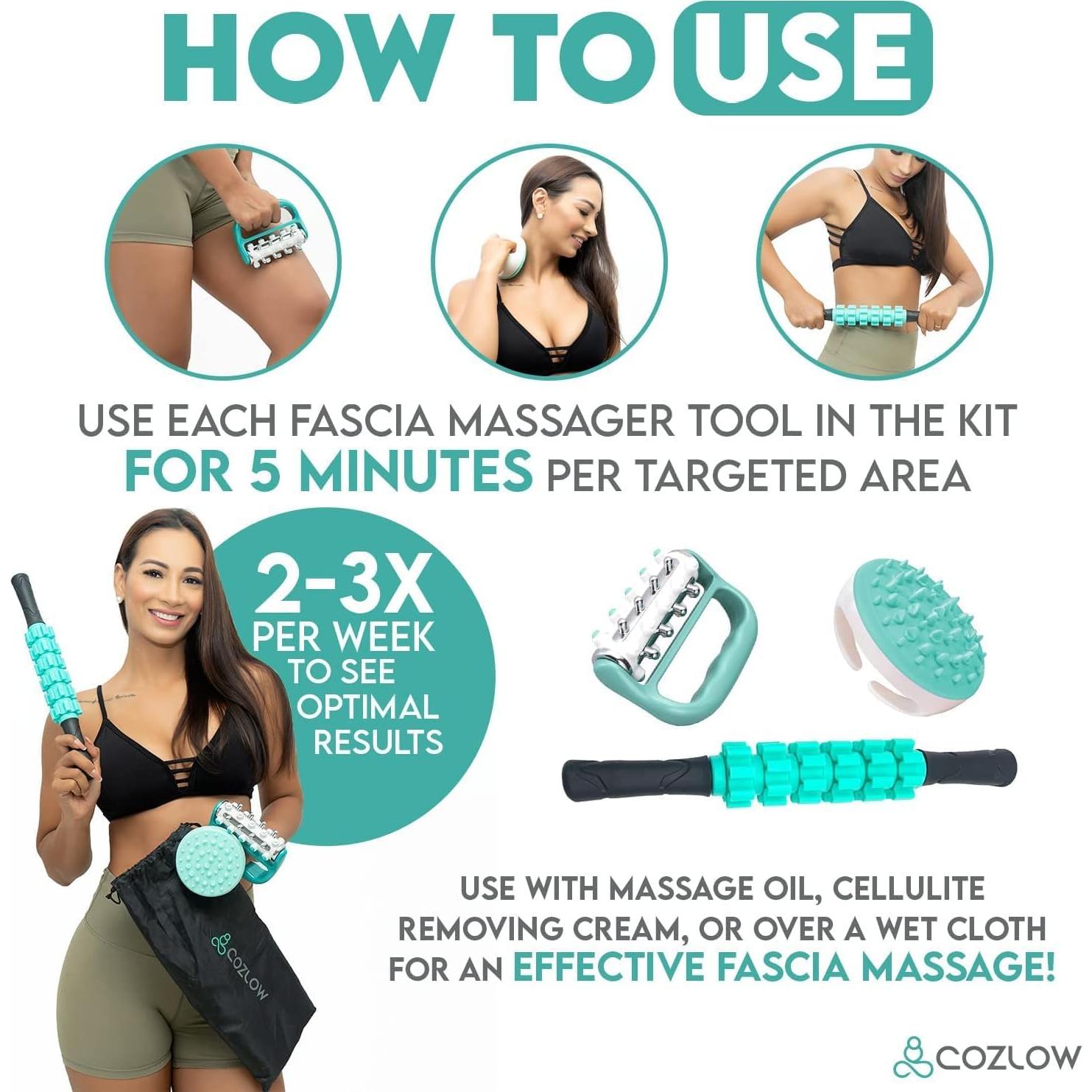 Kit de Rodillo Fascia 3 en 1 Cozlow para Celulitis y Masaje