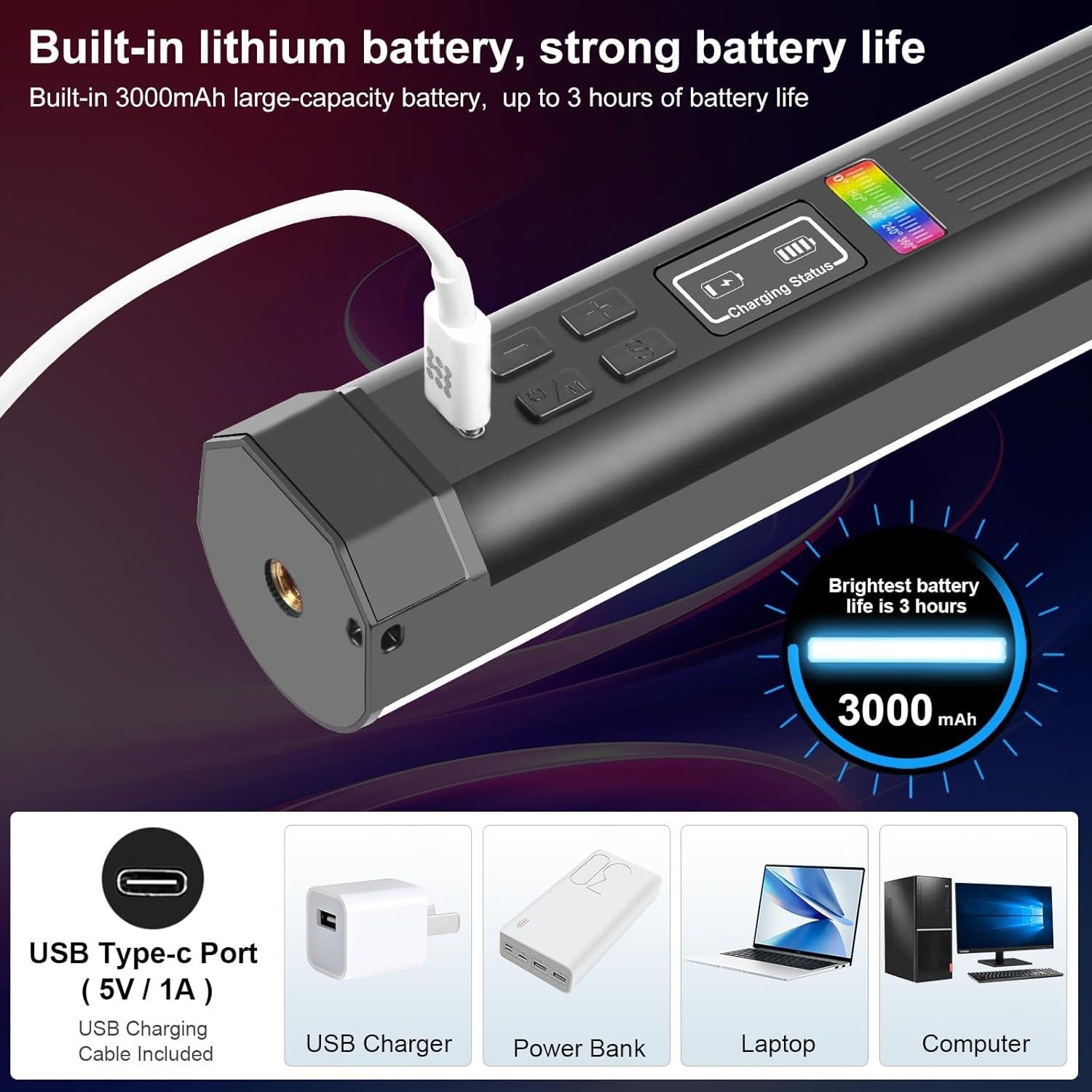 Varita de Luz Portátil Puluz 30cm RGB LED Batería 3000mAh