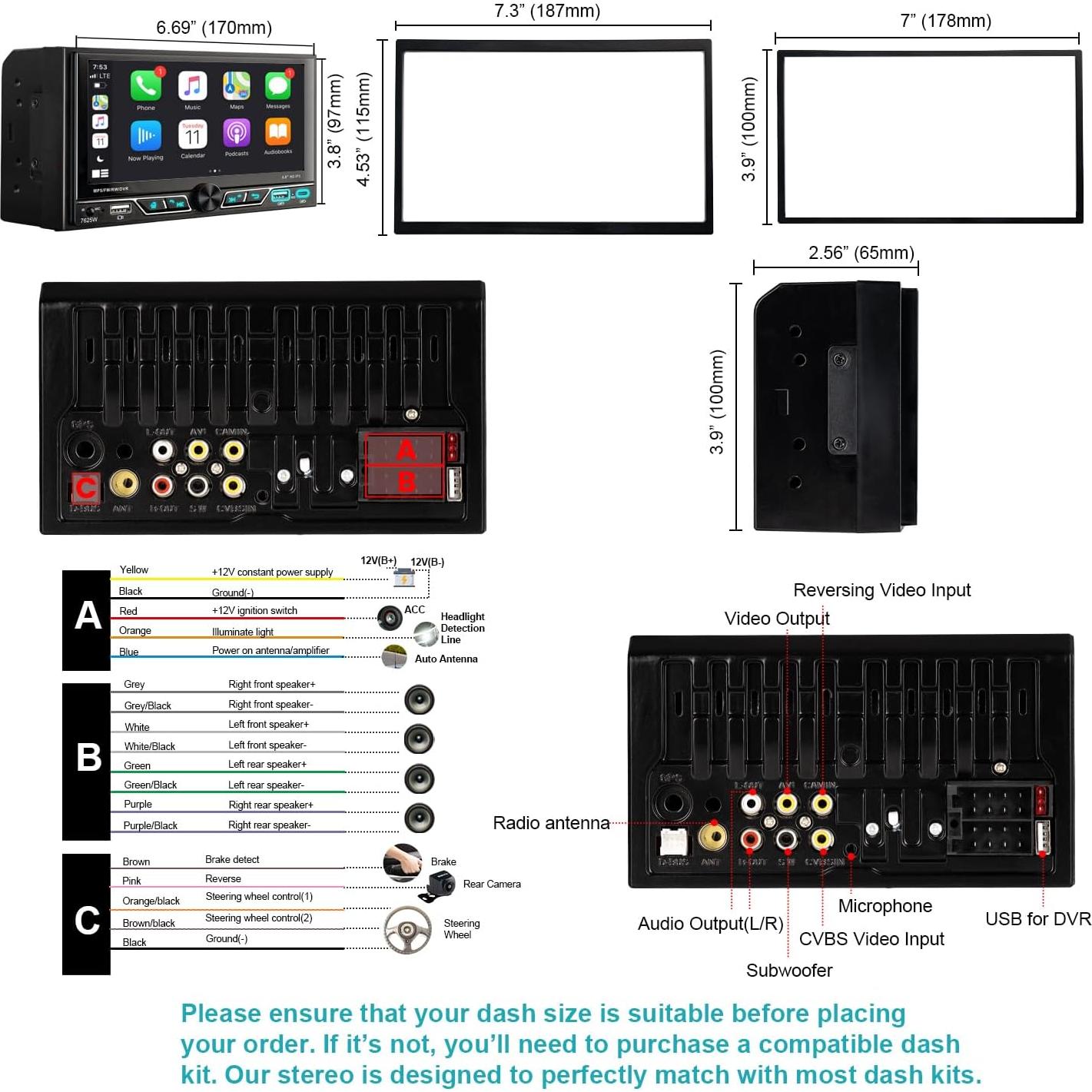 Estéreo de coche Alondy Doble Din 6.8" Bluetooth CarPlay