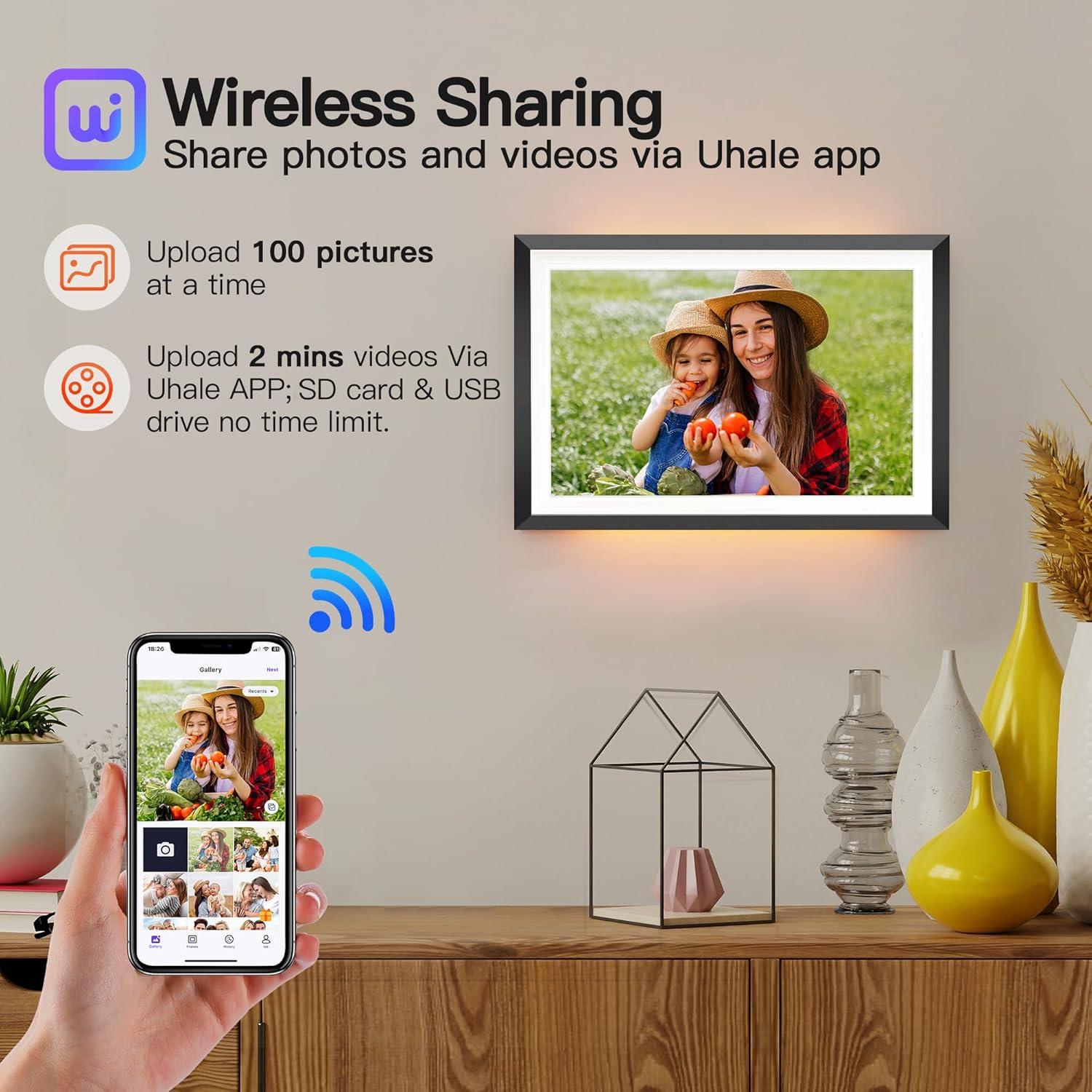 BIGASUO 10.1" WiFi Digital Picture Frame with LED Light, 1280 * 800 HD Touch Screen Smart Photo Frame, 32GB Memory, Support USB/SD Card, Auto-Rotate, Share Photos/Videos Remotely via Uhale APP 2-Pack