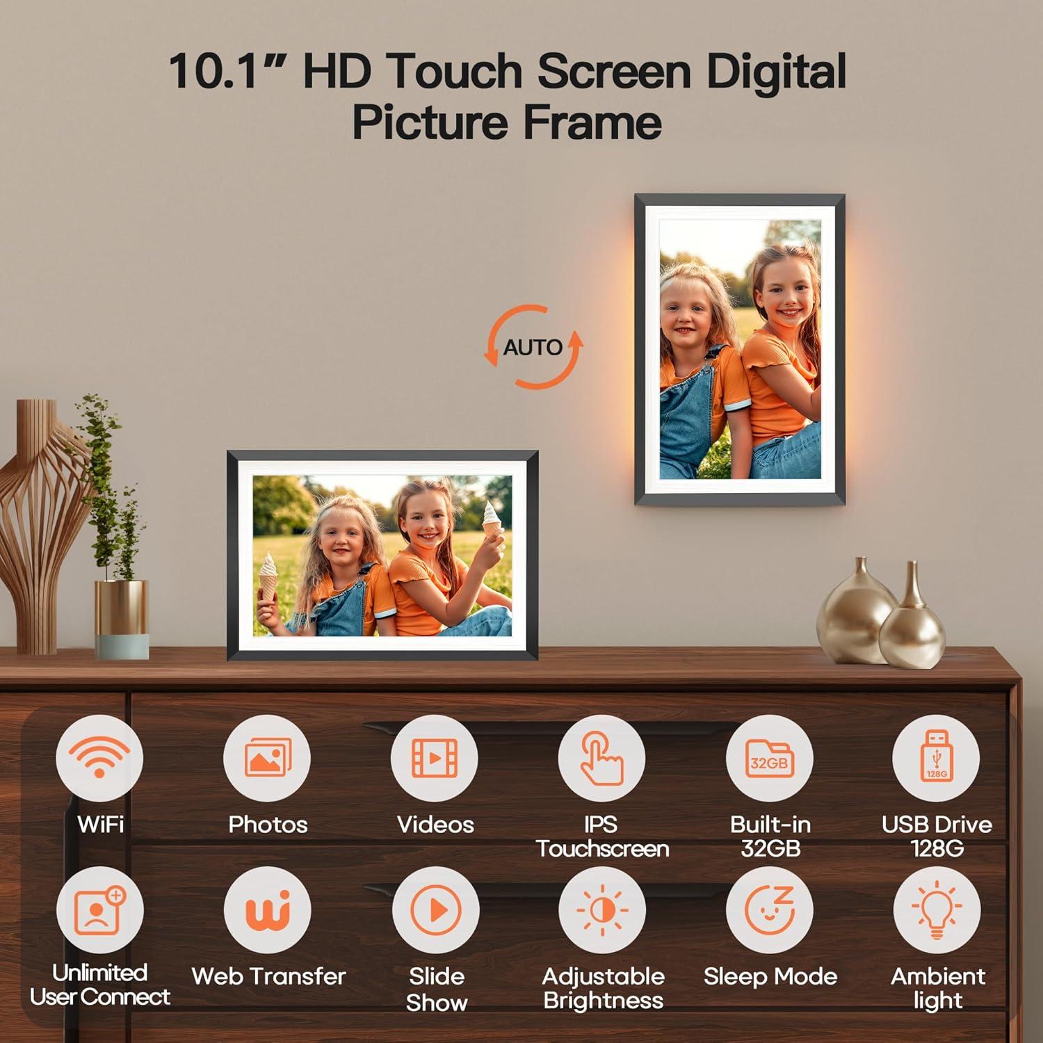 BIGASUO 10.1" WiFi Digital Picture Frame with LED Light, 1280 * 800 HD Touch Screen Smart Photo Frame, 32GB Memory, Support USB/SD Card, Auto-Rotate, Share Photos/Videos Remotely via Uhale APP 2-Pack