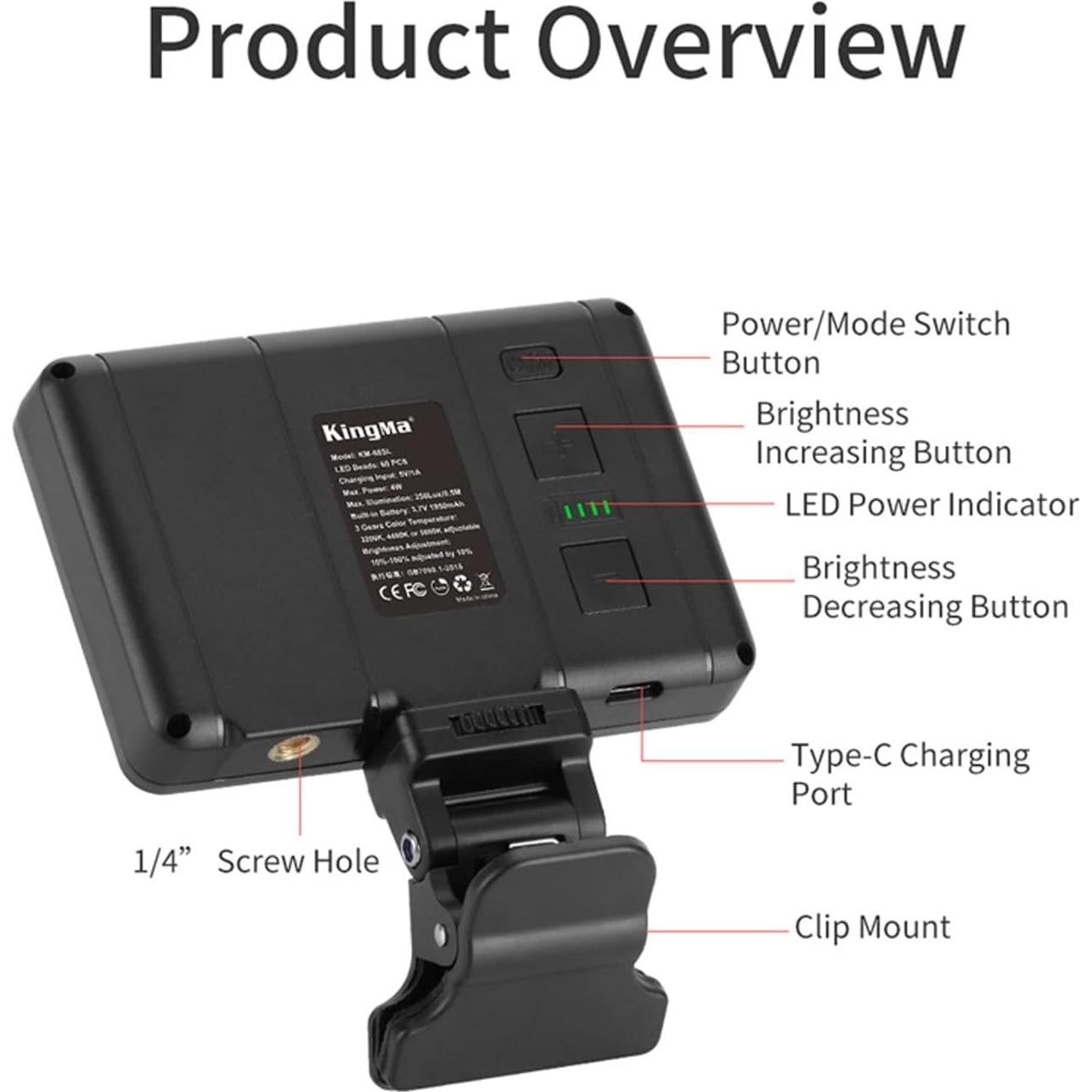 Luz de Selfie Portátil King Ma LED Clip-On 3 Modos 220 LUX
