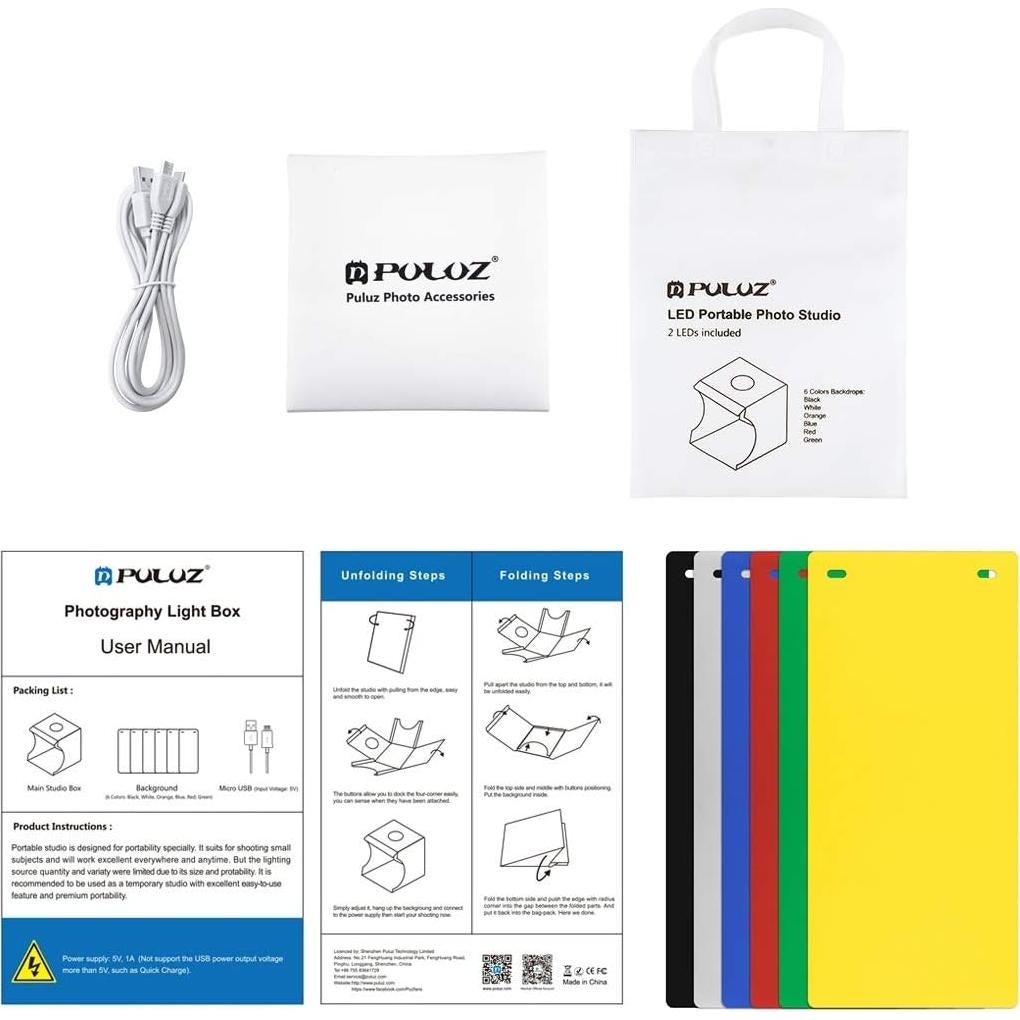 Mini Estudio Fotográfico PULUZ con 2 Paneles LED y 6 Fondos