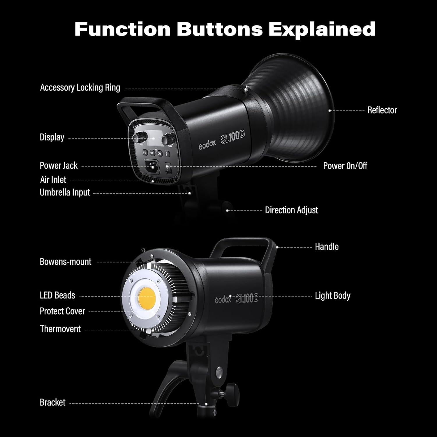 Godox SL100D COB LED Video Light Daylight 100W with RC-A6 Remote 5600K 32100 Lux CRI 96+ TLCI 97+ 8 Light FX Bowens Mount Continuous Light(SL100-D)