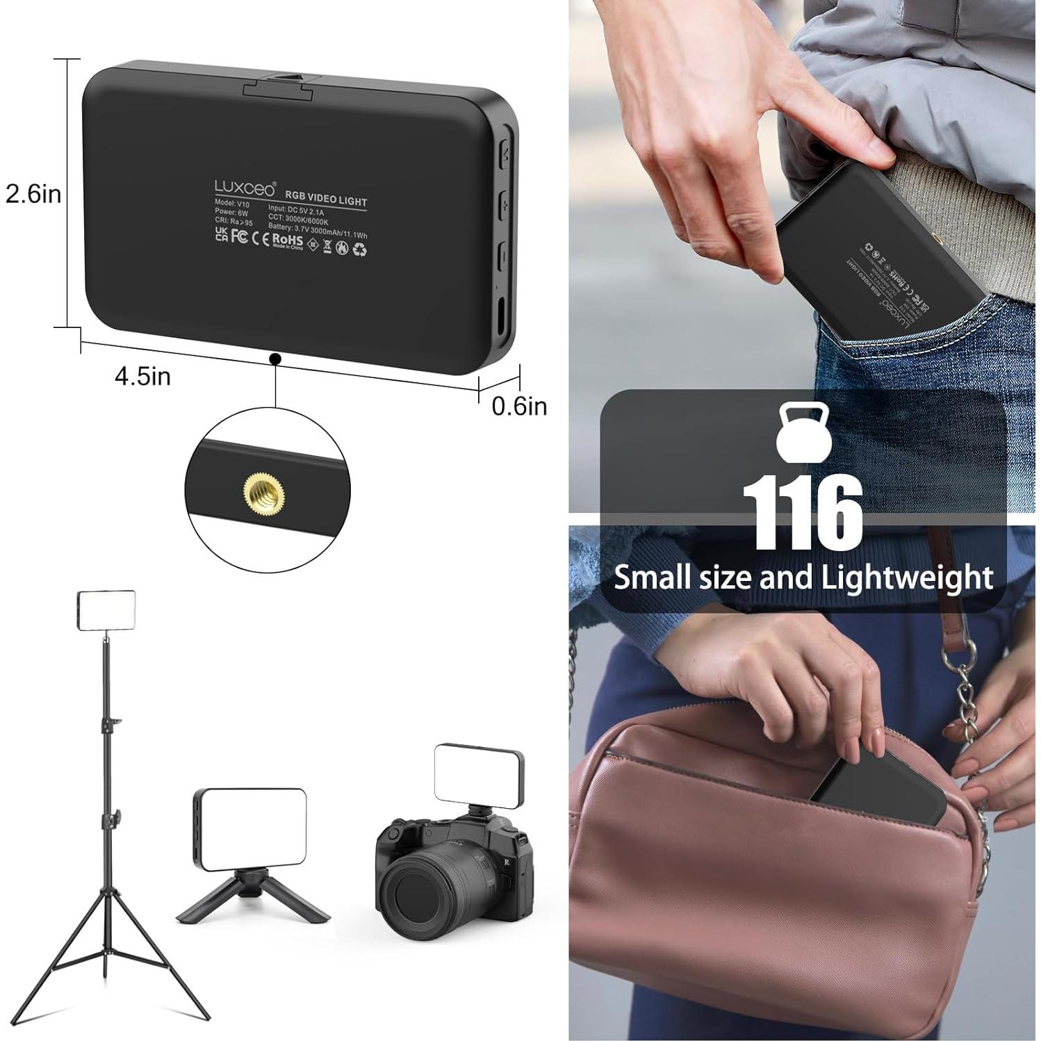 RGB LED Video Light Live Streaming Video Portable Camera Lights with 0-360 Full Color CRI 95+ 3000K/6000K 3000mAh Rechargeable LED Lighting for Photography, Vlogging, Video Conference