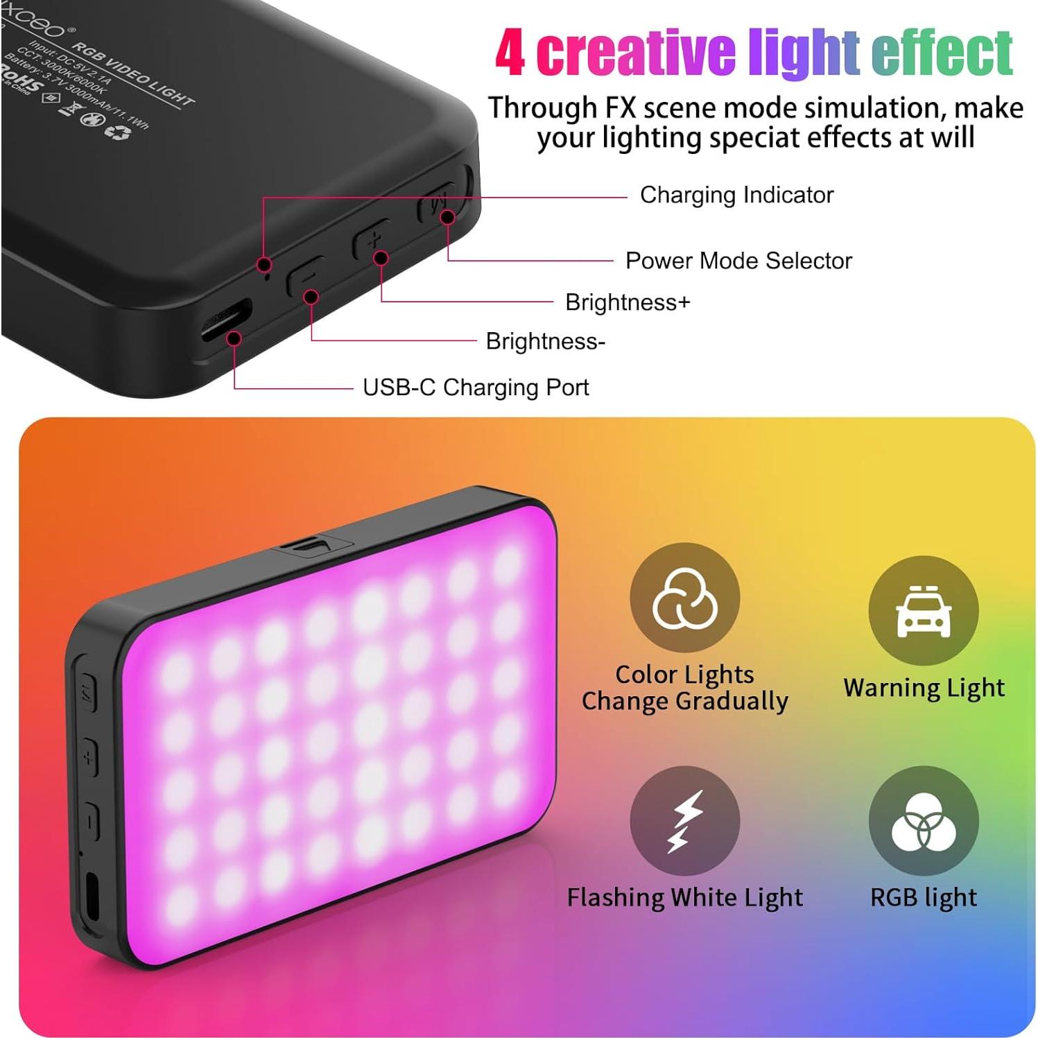 RGB LED Video Light Live Streaming Video Portable Camera Lights with 0-360 Full Color CRI 95+ 3000K/6000K 3000mAh Rechargeable LED Lighting for Photography, Vlogging, Video Conference