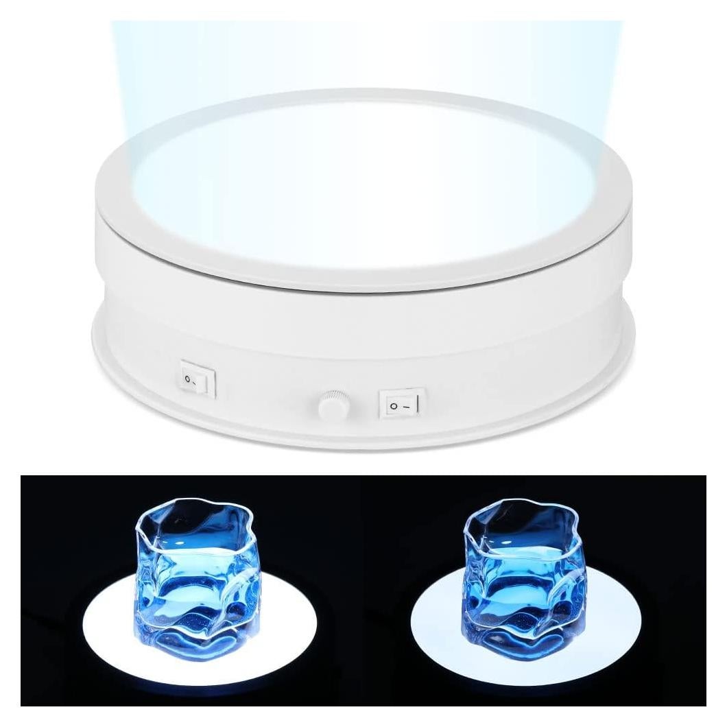 Rotating Display Stand with LED Light, 7.9in/44lb Electric Turntable 360 Degrees Adjustable Lighting for Jewelry, Crystal, Product, Photography, Video, Live (White)