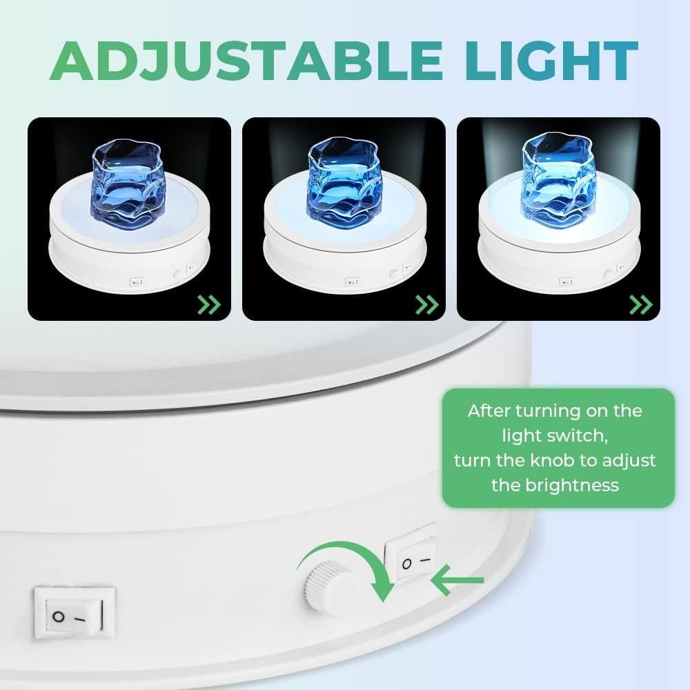 Rotating Display Stand with LED Light, 7.9in/44lb Electric Turntable 360 Degrees Adjustable Lighting for Jewelry, Crystal, Product, Photography, Video, Live (White)