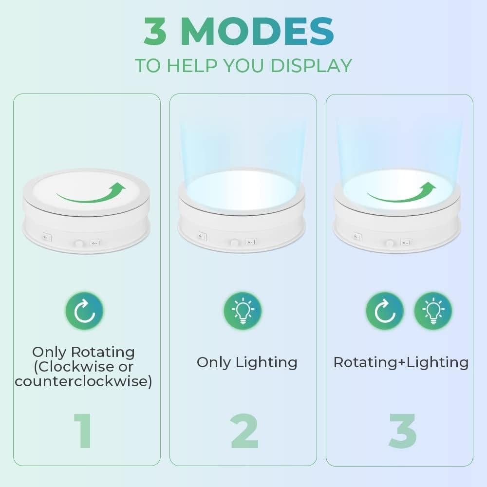 Rotating Display Stand with LED Light, 7.9in/44lb Electric Turntable 360 Degrees Adjustable Lighting for Jewelry, Crystal, Product, Photography, Video, Live (White)