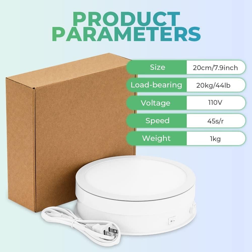 Rotating Display Stand with LED Light, 7.9in/44lb Electric Turntable 360 Degrees Adjustable Lighting for Jewelry, Crystal, Product, Photography, Video, Live (White)