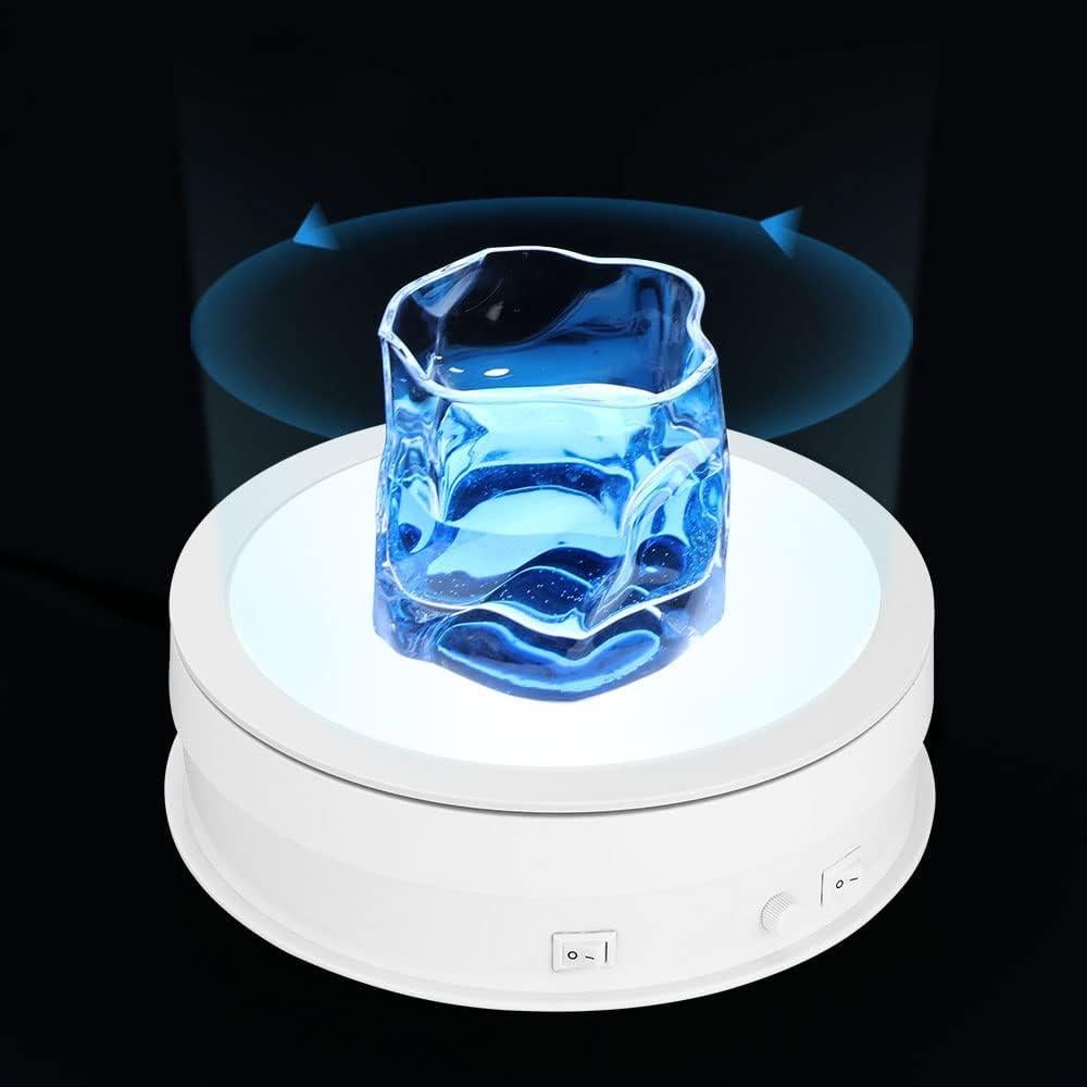 Rotating Display Stand with LED Light, 7.9in/44lb Electric Turntable 360 Degrees Adjustable Lighting for Jewelry, Crystal, Product, Photography, Video, Live (White)
