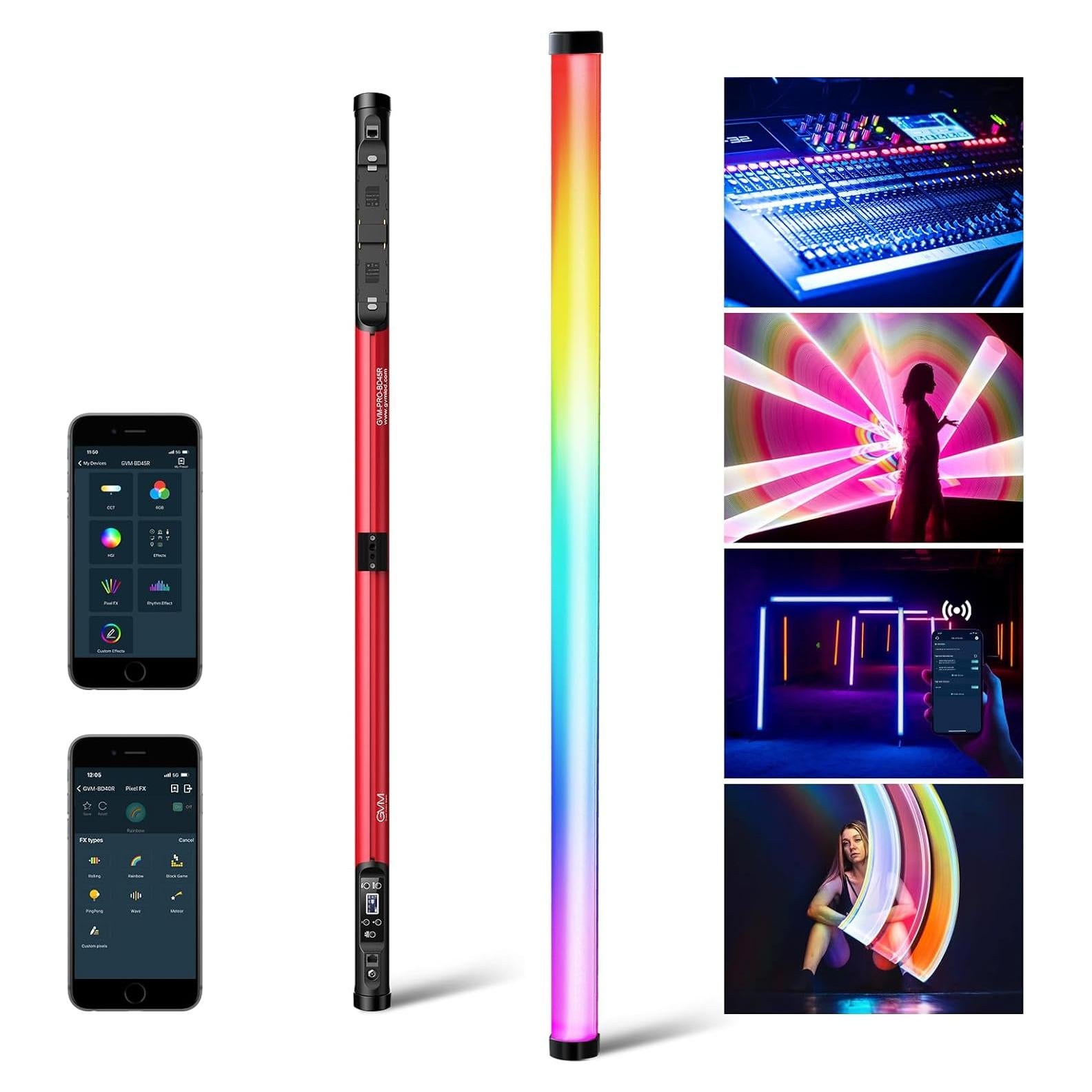 GVM BD45R LED Video Light, 45W Handheld Wand Light, 48" Full Color LED Tube Light, 2700-10000K Stick Light with APP/DMX Control for Photography, Studio, 12 Scene Effects, MESH Networking