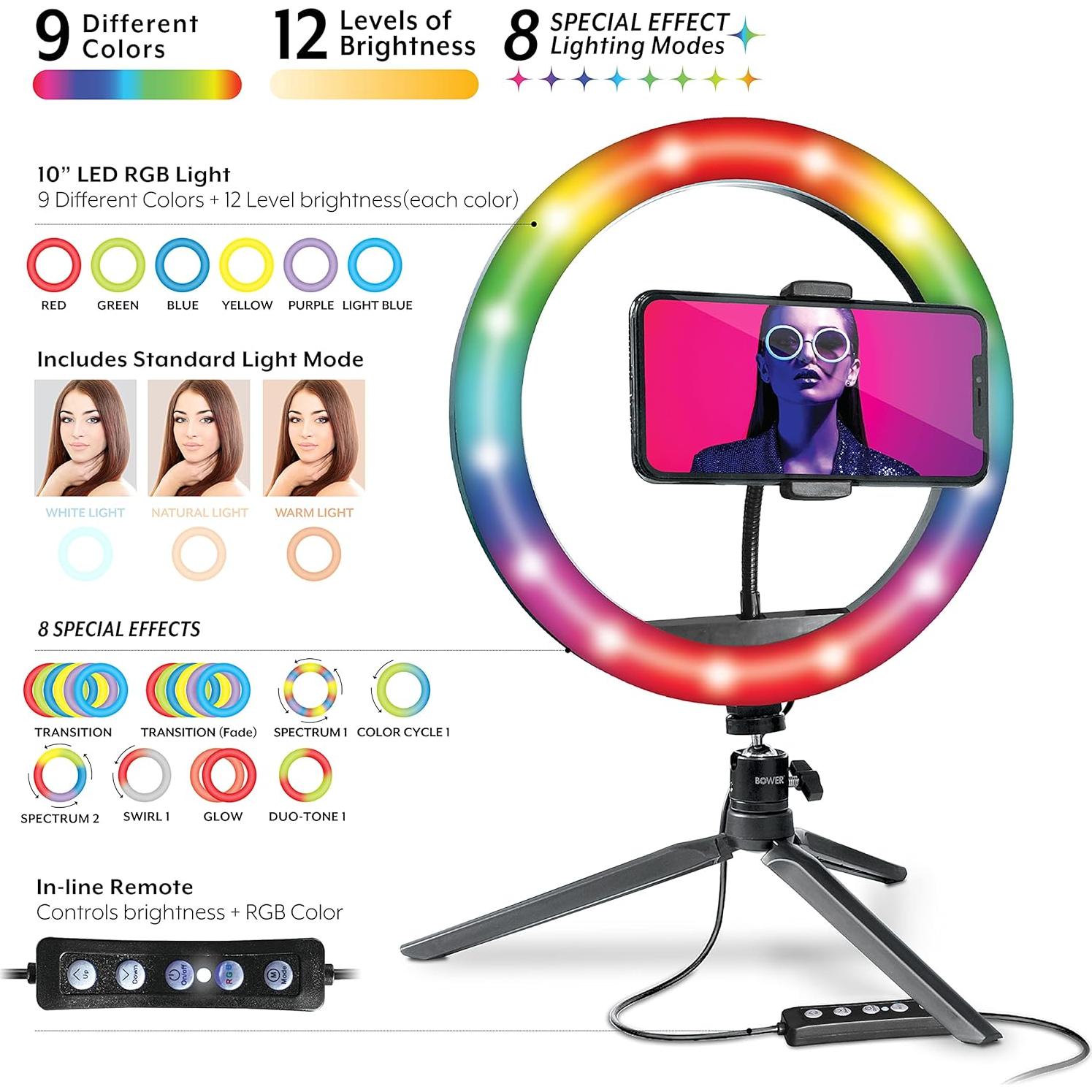 Soporte de Luz de Anillo Bower 25.4 cm RGB con Trípode y Control Remoto