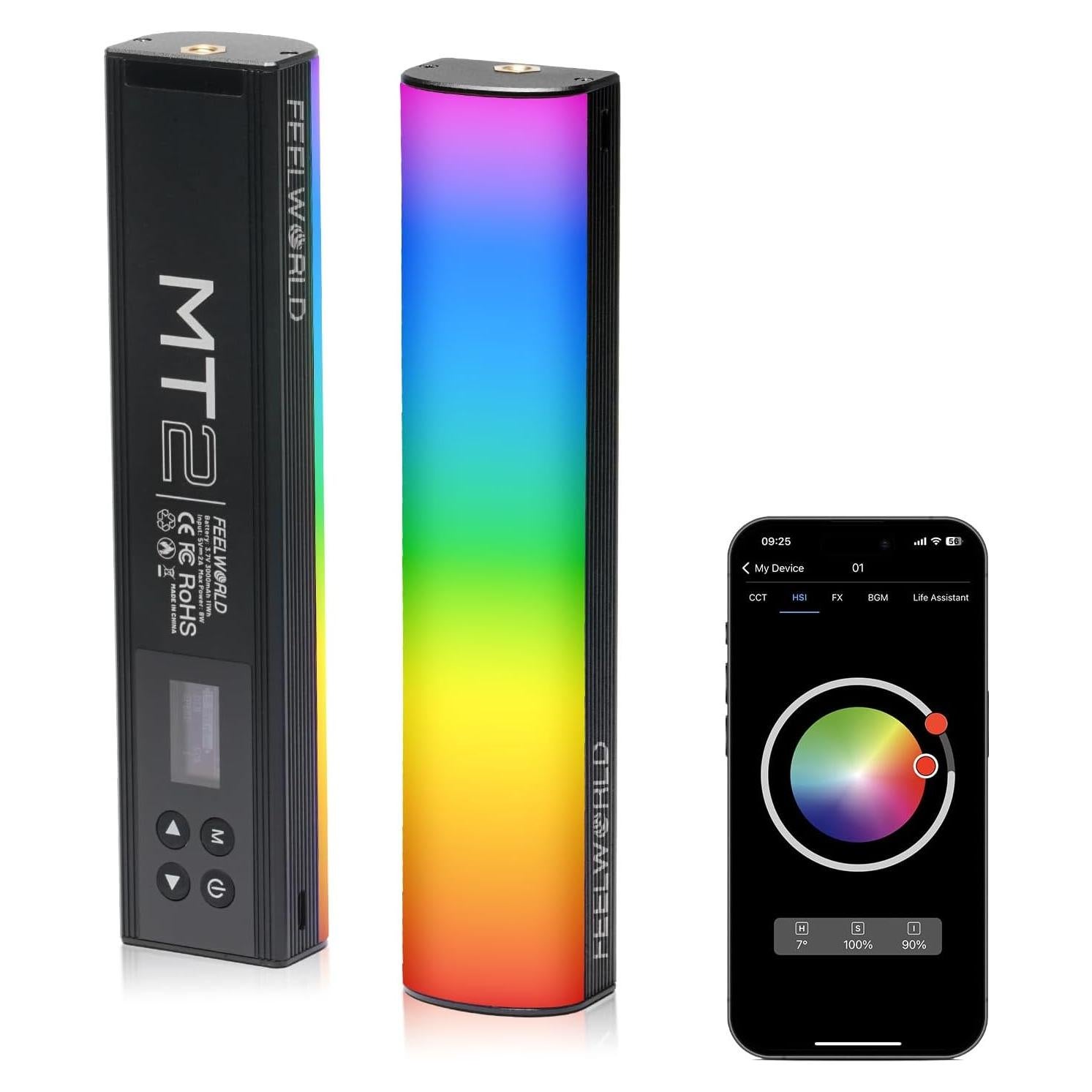 FEELWORLD MT2 Handheld Light Wand,360° RGB LED Video Light for Photography,3000mAh Rechargeable Mini Light Stick for Video Shooting Professional Tube Lights with Magnetic