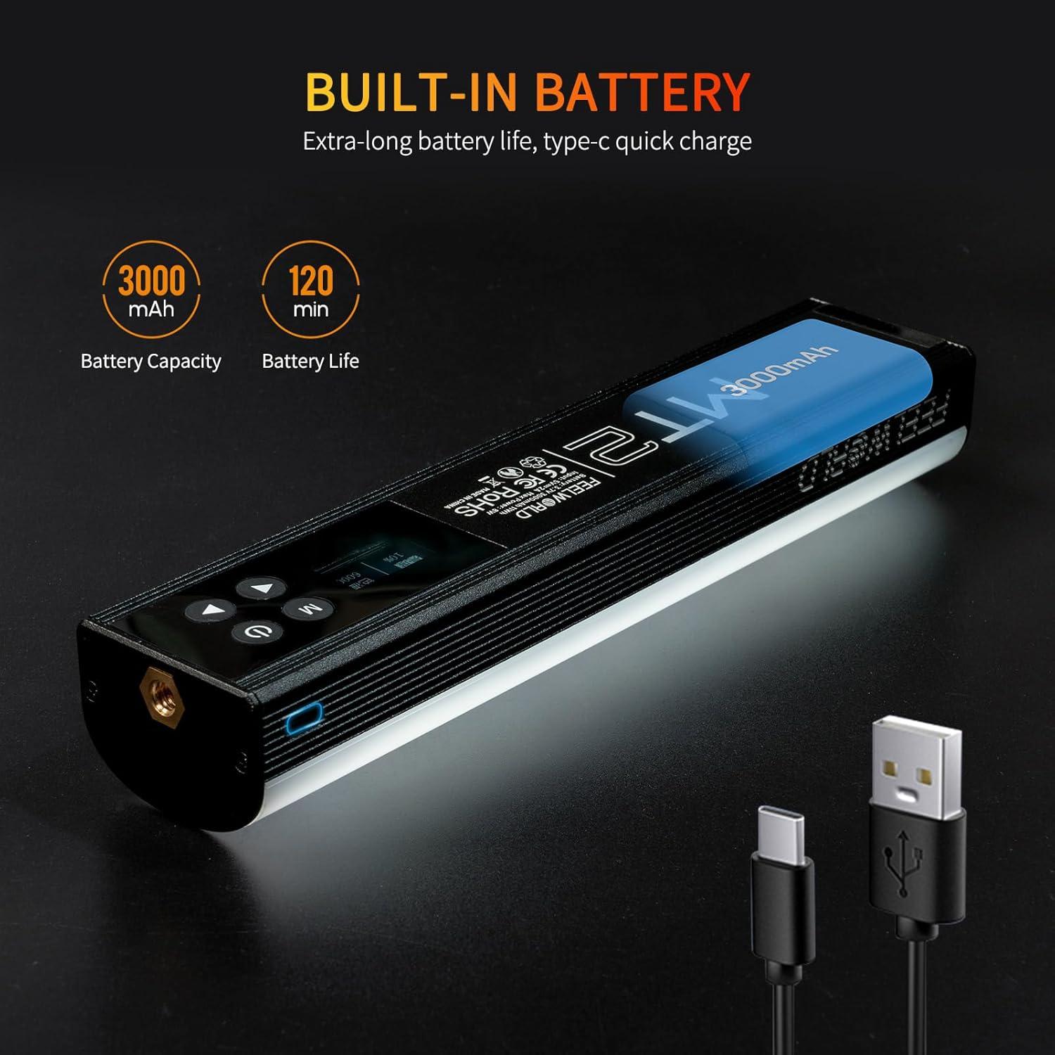 FEELWORLD MT2 Handheld Light Wand,360° RGB LED Video Light for Photography,3000mAh Rechargeable Mini Light Stick for Video Shooting Professional Tube Lights with Magnetic