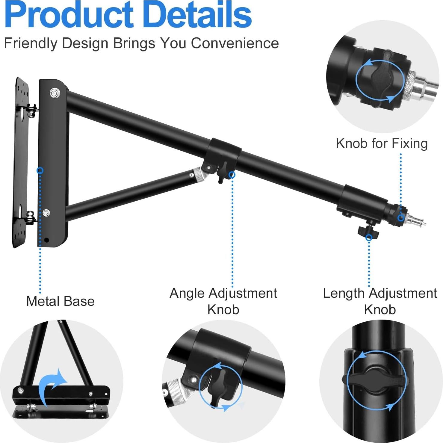 EMART Ring Light Wall Mount Boom Arm, Adjustable 51in/130cm Mounted Overhead Stand, 180°Rotation Heavy Duty Triangle Bracket Mounting Bar for Camera, Photography Lighting, Barber Led Lamp