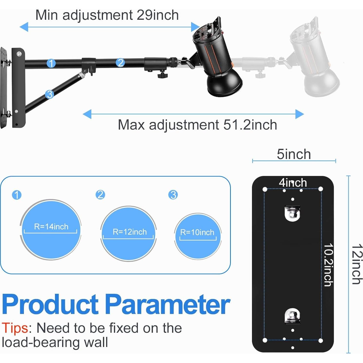 EMART Ring Light Wall Mount Boom Arm, Adjustable 51in/130cm Mounted Overhead Stand, 180°Rotation Heavy Duty Triangle Bracket Mounting Bar for Camera, Photography Lighting, Barber Led Lamp