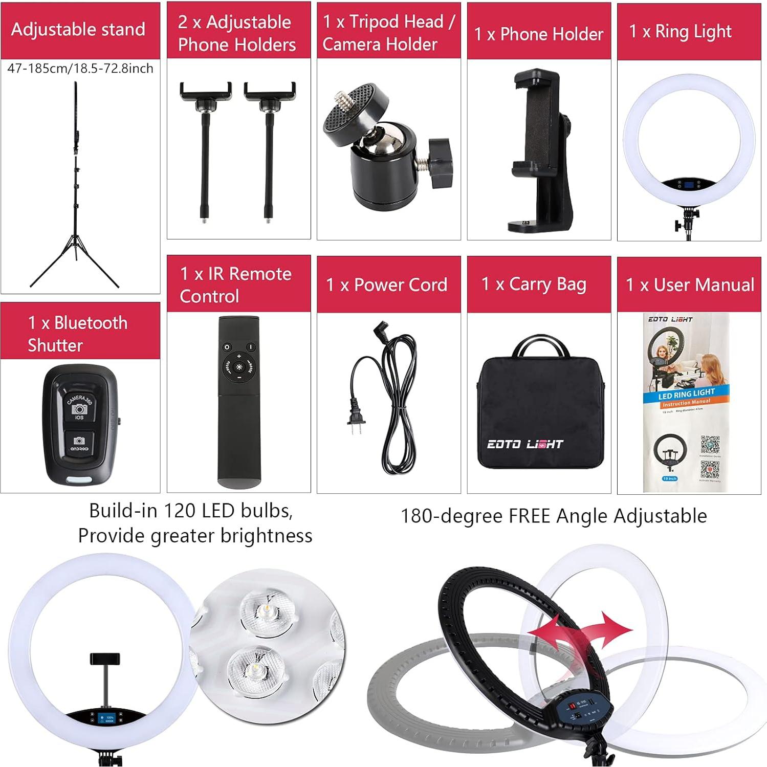 Anillo de Luz LED 19" EOTO LIGHT con Soporte y Control Remoto