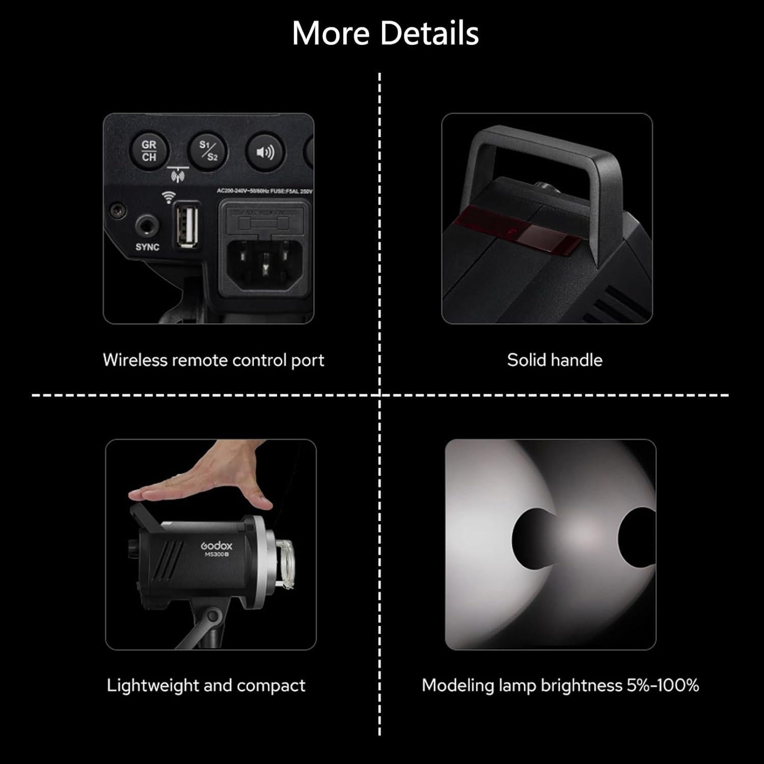 Flash Estroboscópico Godox MS300V 300W con Luz LED 10W