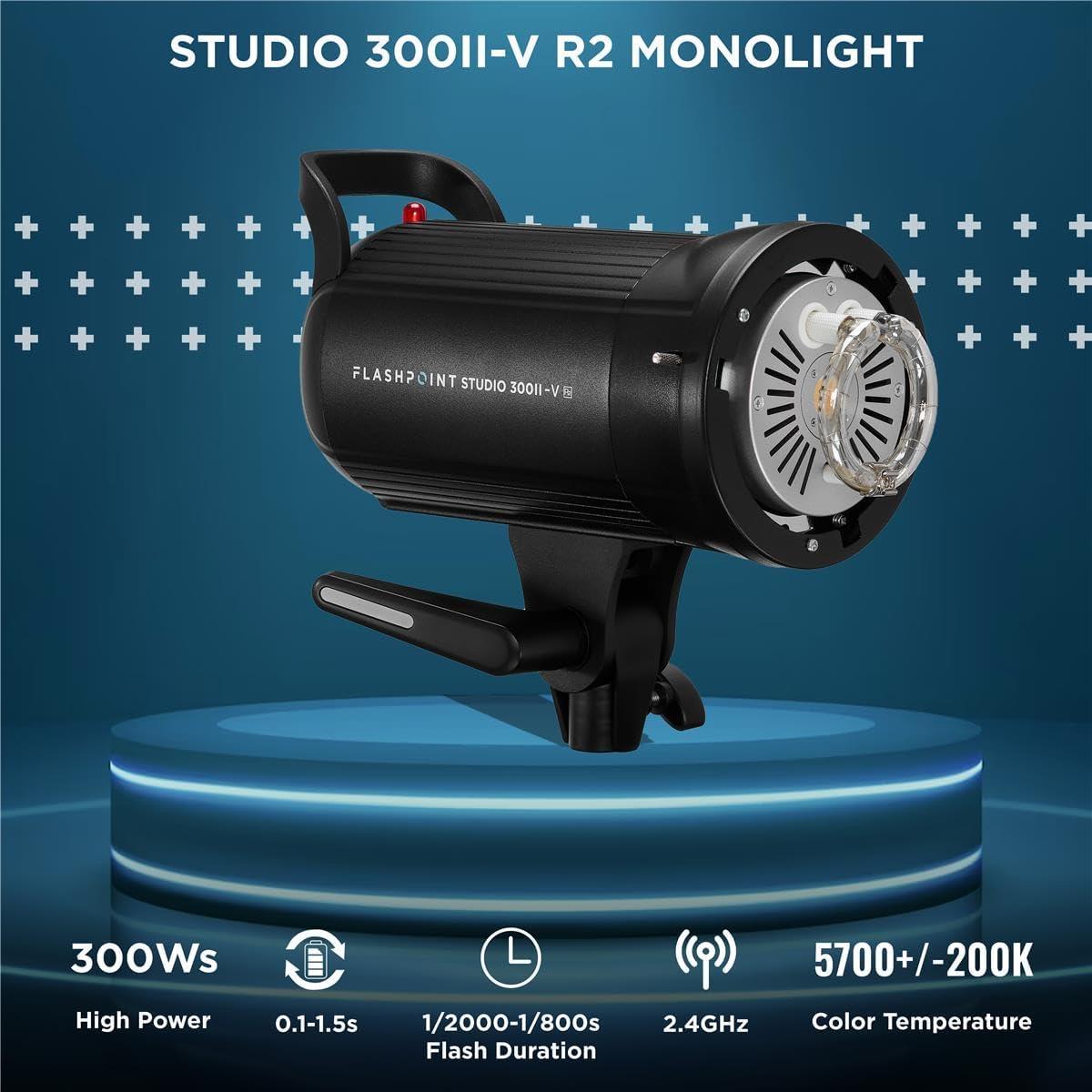 Flashpoint Studio 300 II-V 300Ws R2 Monolight Strobe Flash with 10W LED Modeling Lamp, Bowens Mount Strobe Light for Photography, R2 2.4GHz Wireless Studio Light with 0.1-1.5s Max Recycle Time