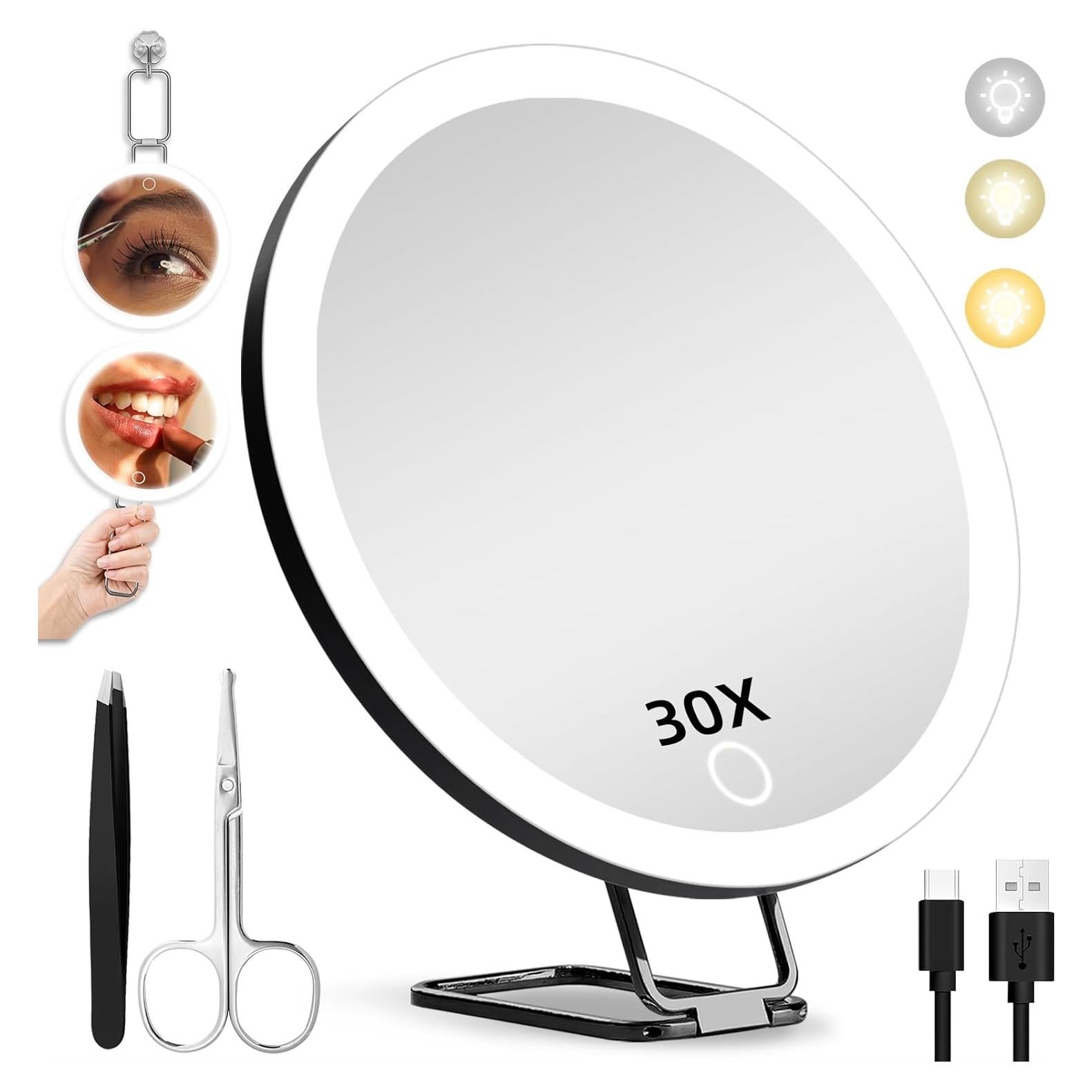Espejo de Aumento 30X con Luz y Ventosas 15cm Negro