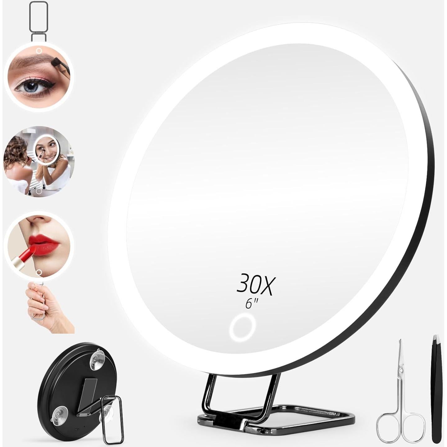 Espejo de Aumento 30X con Luz y Ventosas 15cm Negro