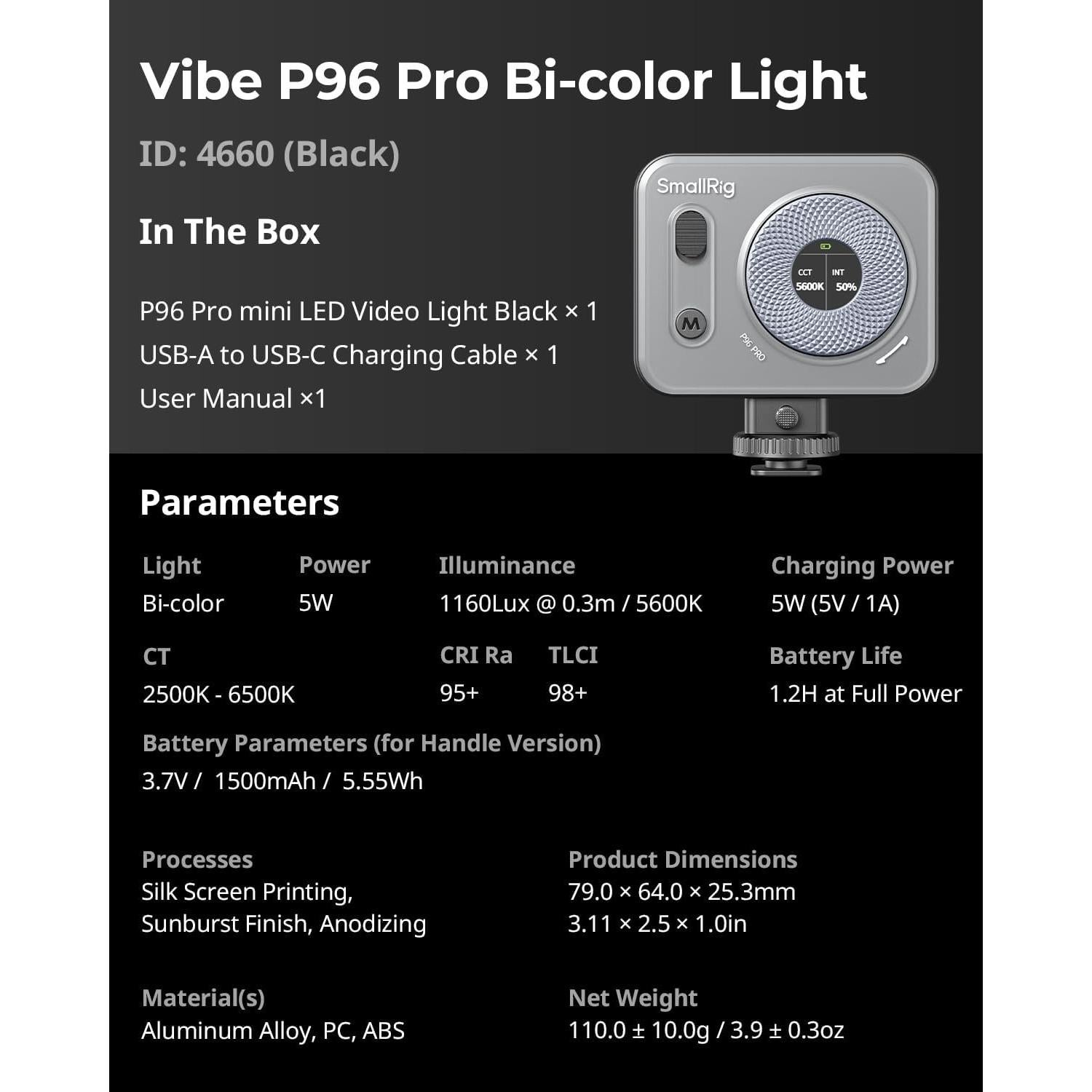 Luz LED de Video SmallRig Vibe P96 Pro 2500-6500K CRI95+