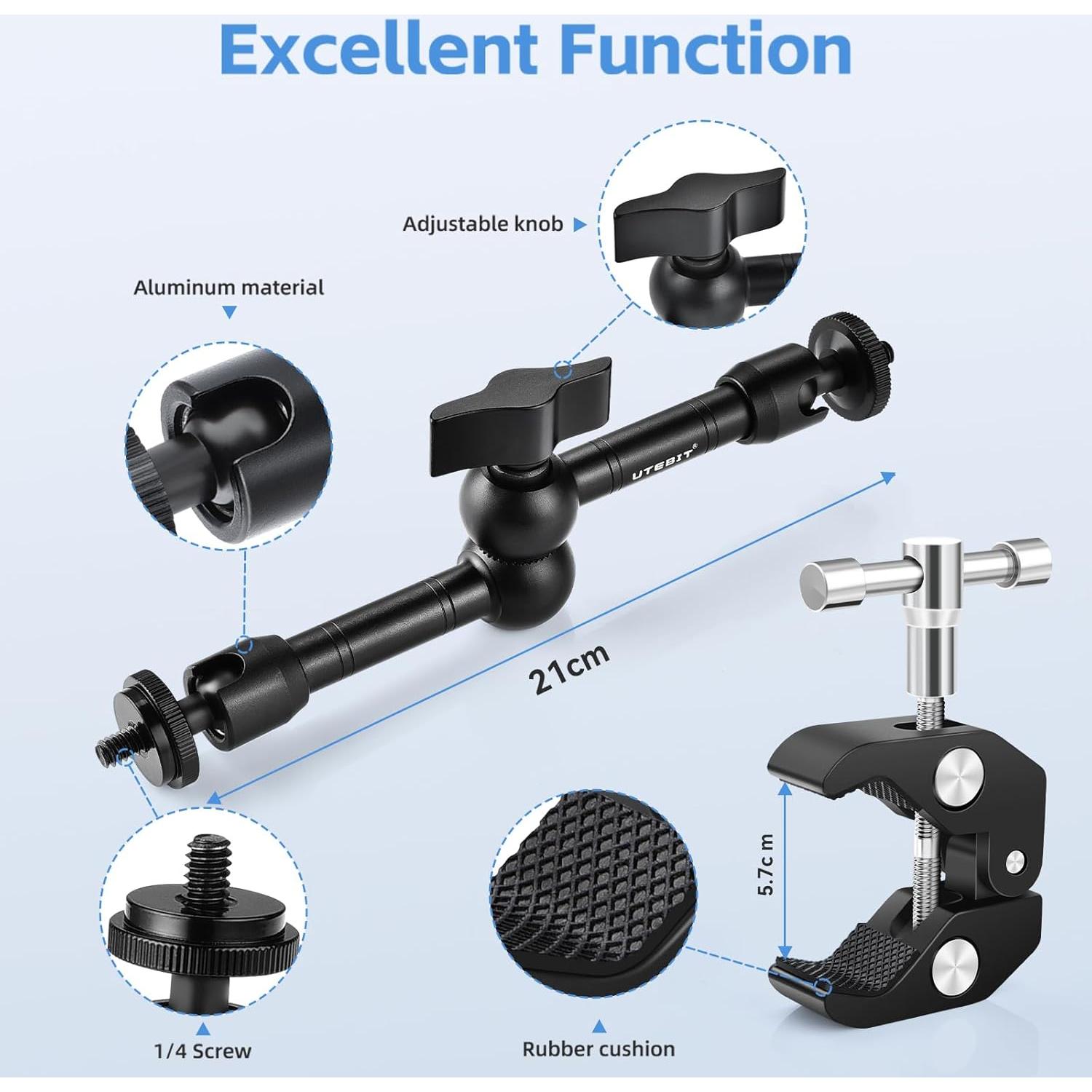 UTEBIT Adjustable Magic Arm with Super Clamp, 9 inch Articulating Arm Clamp Kit for LCD Monitor, LED Light, Flash Light, Camera Rig